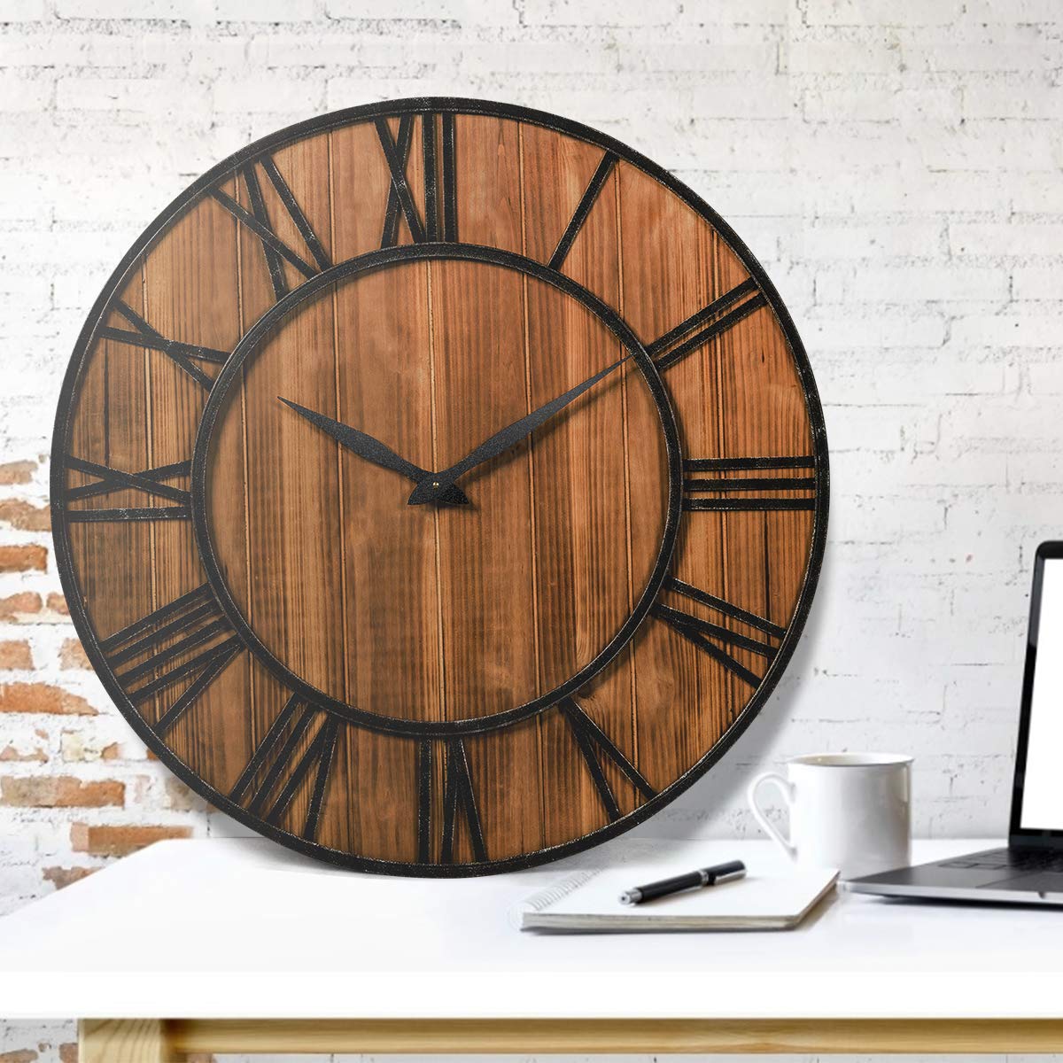 Tangkula 27.5 Inch Round Wall Clock - Farmhouse Large Wall Clock with Roman Numerals, Decorative Wooden Clock for Home & Office - Rustic Bronze Brown Wall Clock with AA Battery Included - Perfect for Living Room, Bedroom, Kitchen Decor
