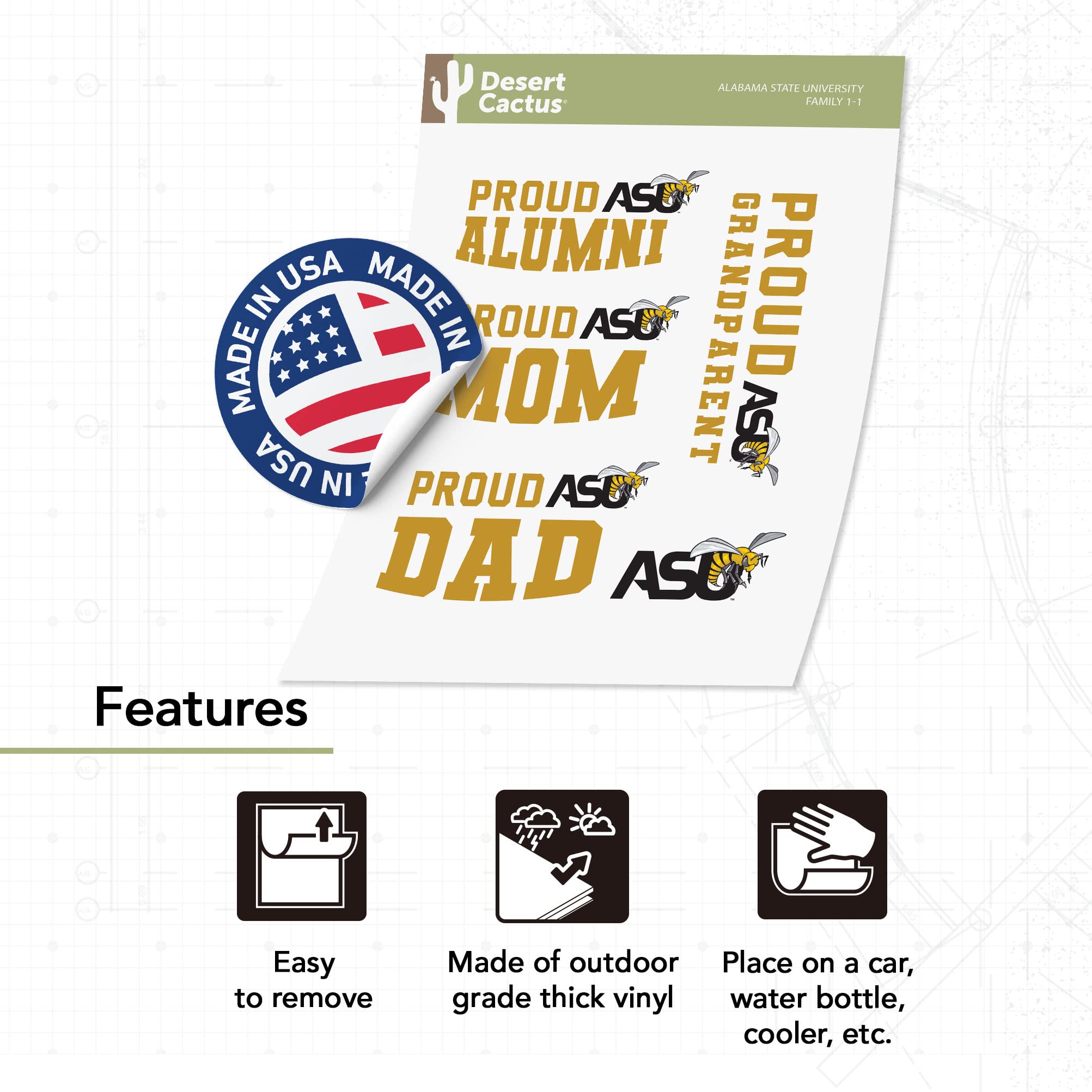 ASU Alabama State University Hornets HBCU Vinyl Decal Sticker - Desert Cactus Design for Laptop, Water Bottle, Car & Scrapbook - Family Full Sheet - Perfect for School Spirit, College Pride & Alumni Gifts