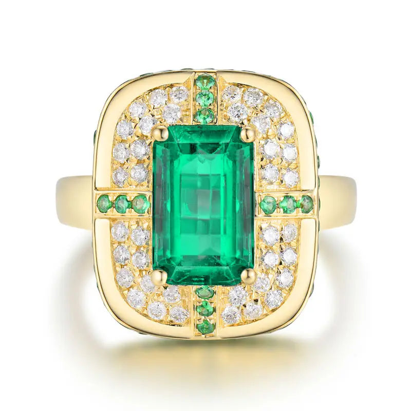 18KT Gold Ring with Green Emerald and Diamonds for Women – Elegant Wedding & Engagement Jewelry – Perfect for Bridal, Anniversary, and Special Occasion Gifts