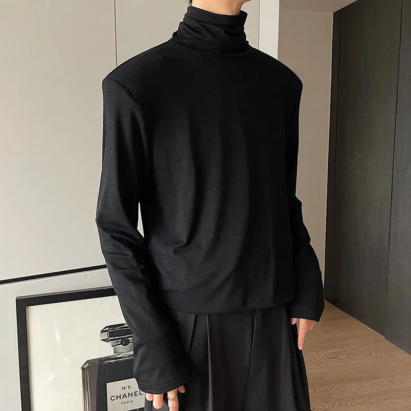 Men's Autumn Slim Fit Turtleneck Long Sleeve Pullover Top with Solid Collar & Shoulder Pads - Solid Color Casual Shirt 9A2222 for Work, Dating & Fall Outfits