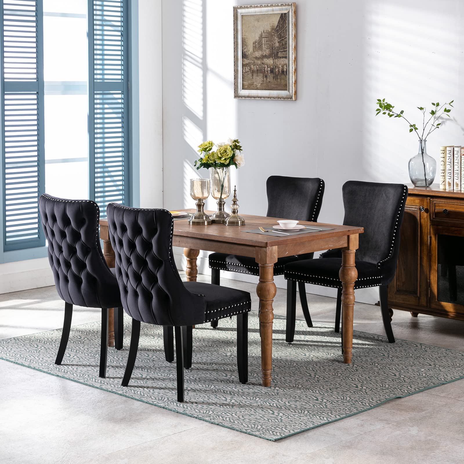 Luxury Black Velvet Dining Chairs Set of 4 - Tufted Backrest, Solid Wood Frame Upholstered Chairs for Kitchen & Dining Room - Elegant Home Decor for Dinner Parties & Family Gatherings (Black, 4 Pieces)