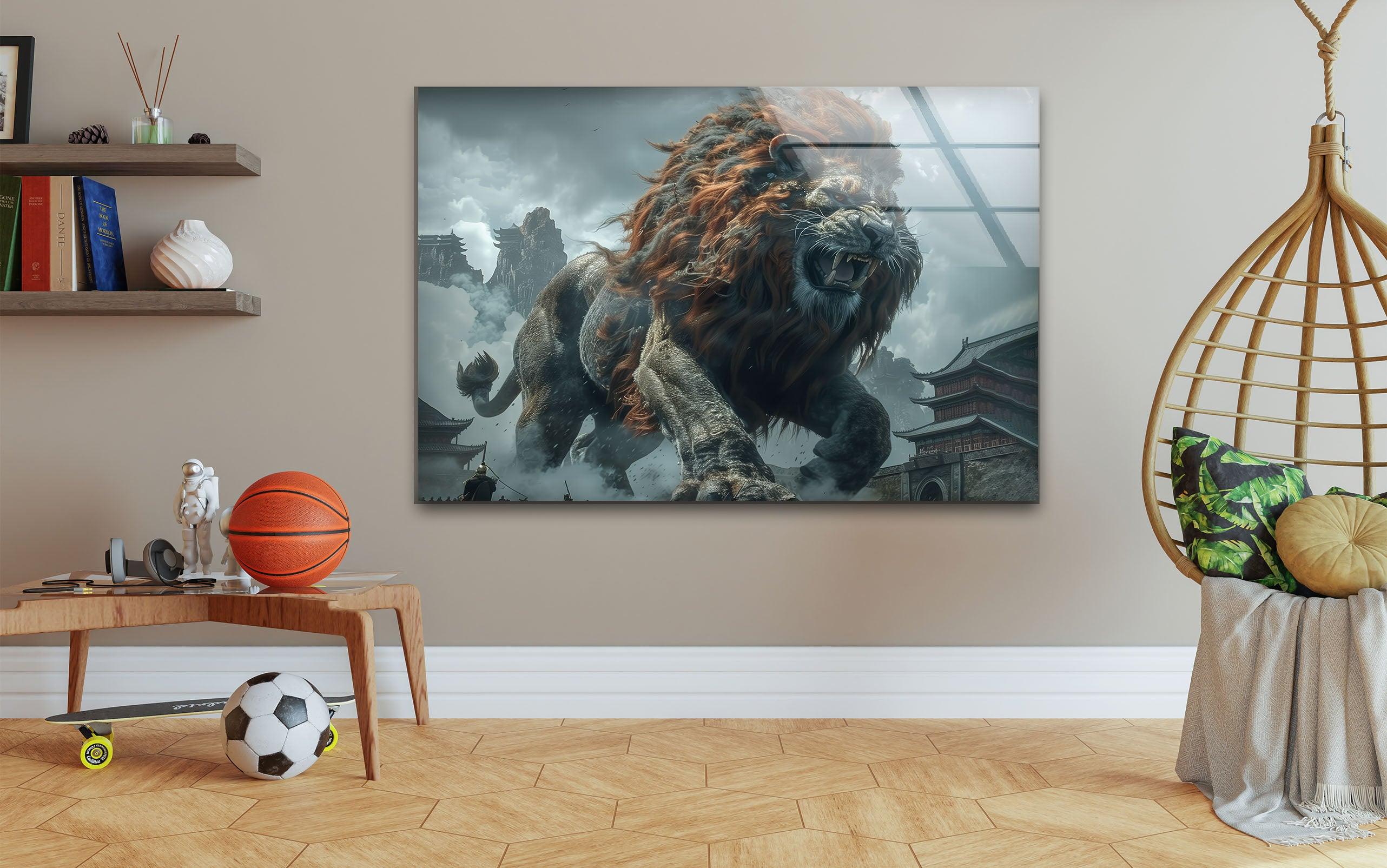 Chinese Lion Glass Wall Art - Handcrafted Feng Shui Decor for Home & Office - Perfect for Living Room, Bedroom, or Entryway Display