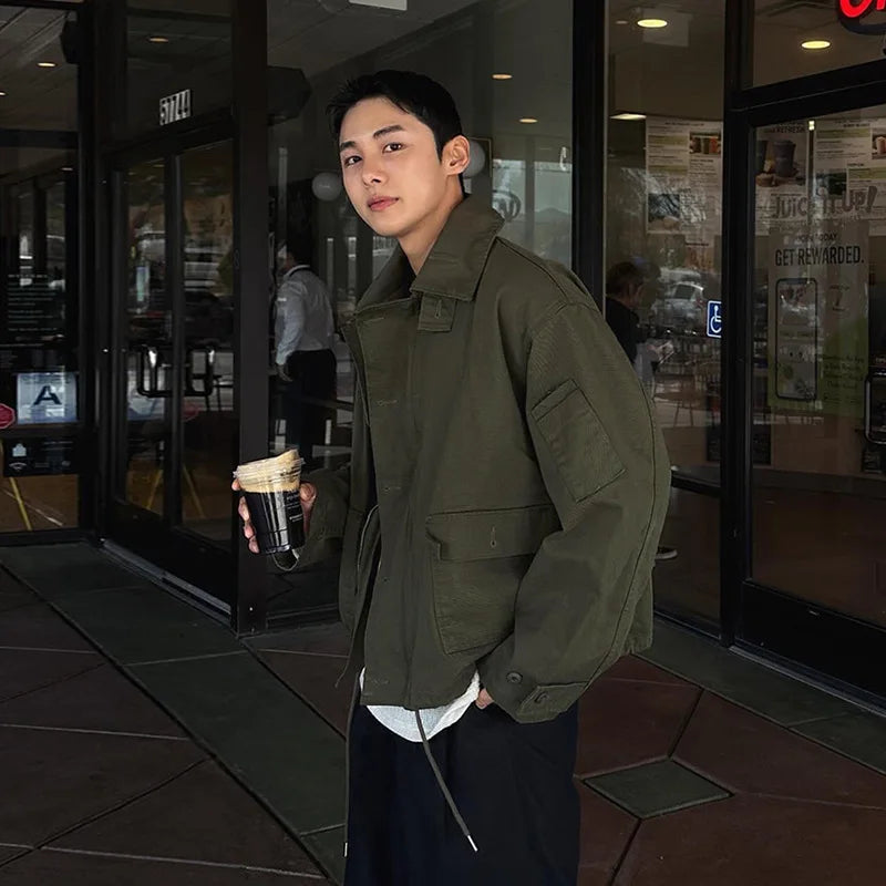 2024 Winter Men's Solid Color Lapel Jacket - Single Breasted Drawstring Coat with Pockets | American Style Versatile Outerwear for Business Casual & Outdoor Activities | Model 9C8782