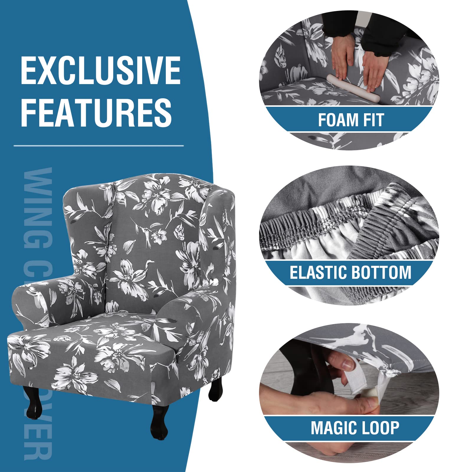 Floral Printed Wingback Chair Slipcover - 1-Piece Super Stretch Modern Style Wing Chair Cover with Elastic Bottom (Grey) - Perfect for Living Room, Bedroom, or Office Furniture Protection & Style Upgrade