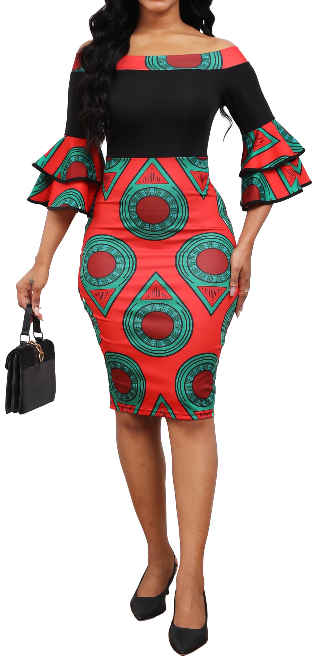 Sexy African Print Dress for Women - Elegant Off Shoulder Ruffled Sleeve Pencil Dress | Perfect for Date Night, Parties & Special Occasions