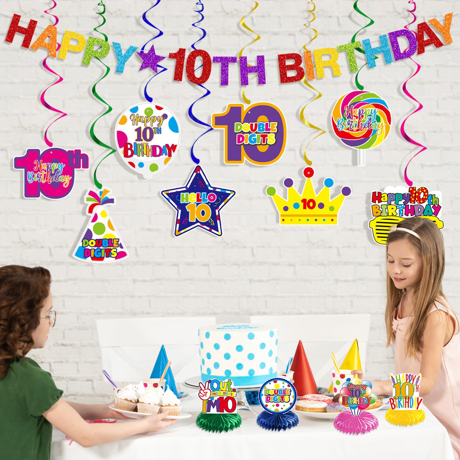 10th Birthday Party Decorations Kit for Girls & Boys - Happy 10th Birthday Banner, Swirls & Honeycomb Centerpieces - Double Digits Level Up Party Supplies for 10 Year Olds - Perfect for Classroom, Home & Outdoor Birthday Celebrations