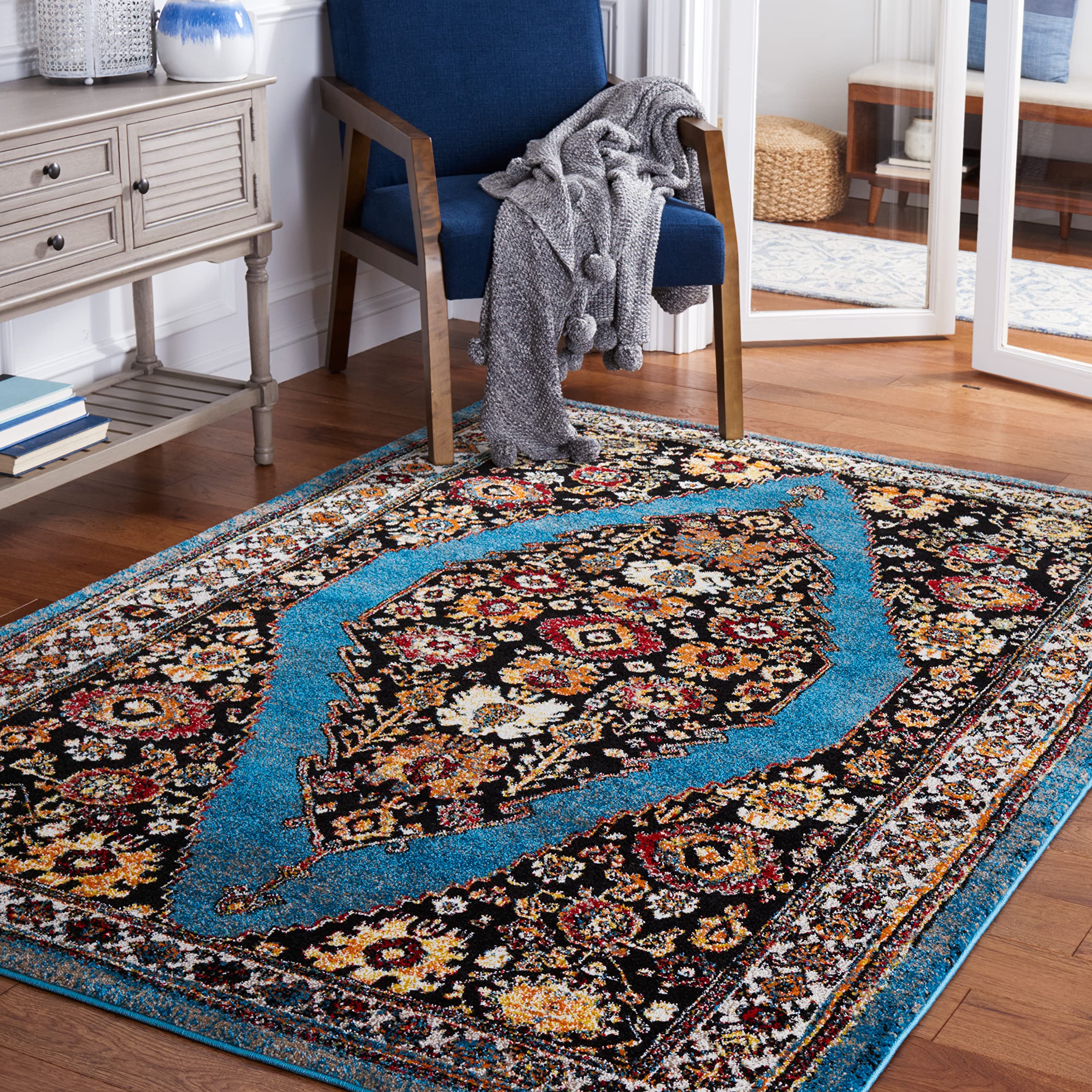 SAFAVIEH Vintage Hamadan Collection 8' x 10' Blue & Black Oriental Medallion Area Rug - Non-Shedding, Easy Care Traditional Persian Rug for High Traffic Living Room, Bedroom, Dining Room & Office (VTH265M)