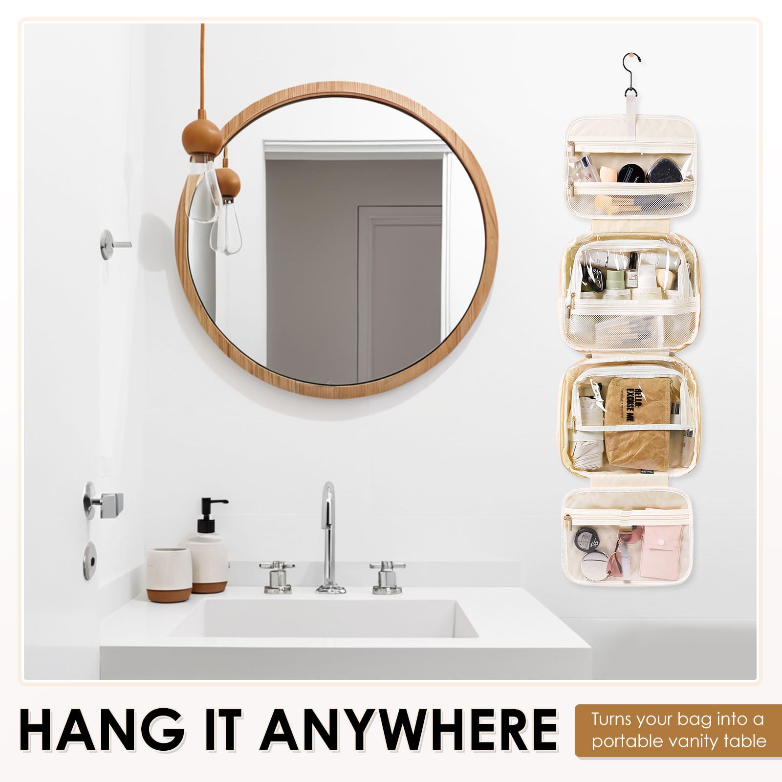 Waterproof Hanging Toiletry Bag for Women Travel - Large Cosmetic Organizer with Multiple Pockets, Makeup Travel Bag Essentials (Beige) | Perfect for Airplane, Gym, Camping & Vacation Trips