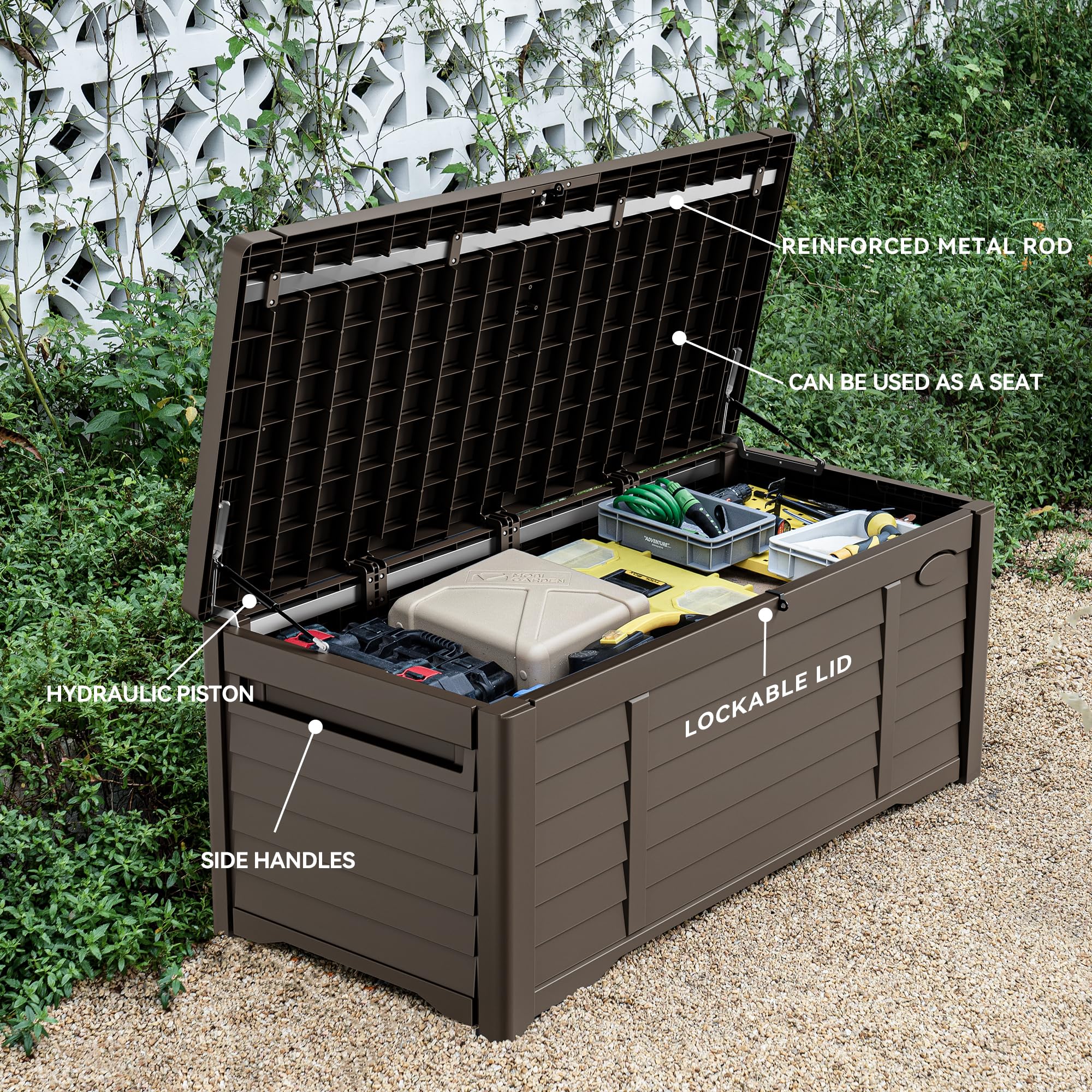 DWVO 120 Gallon Outdoor Louver Storage Deck Box - Waterproof, Lockable Resin Deck Box for Patio, Garden & Pool Supplies - Ideal for Storing Outdoor Pillows, Cushions, Tools & Accessories