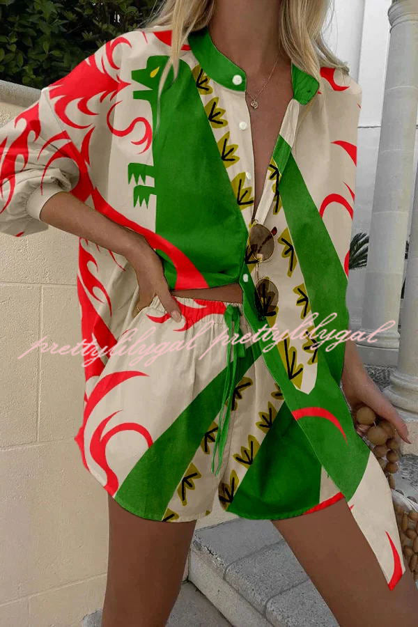 Stylish Fire Breathing Dinosaur Print Button Up Shirt & Lace Up Shorts Set for Men - Perfect for Summer Outfits, Beach Parties & Casual Streetwear