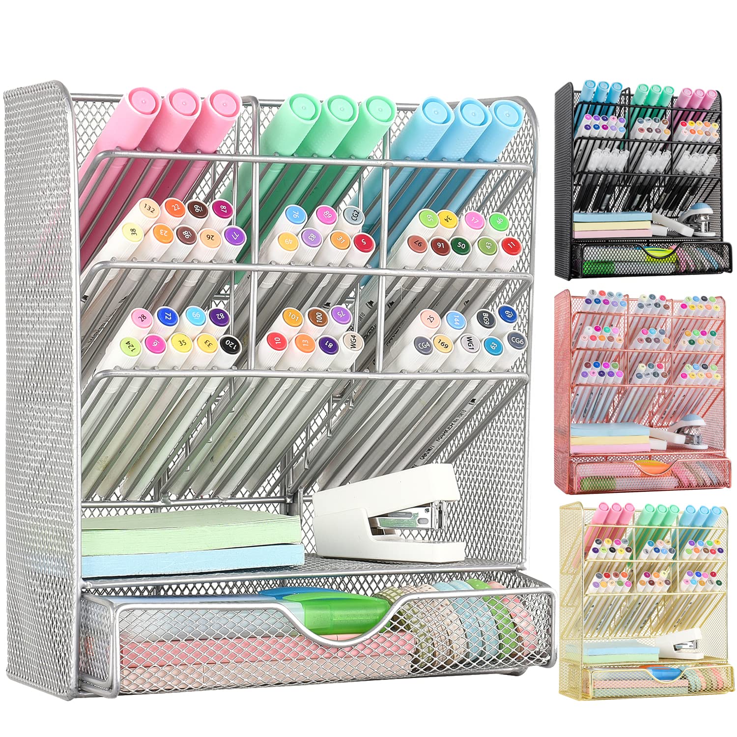 Spacrea 10-Compartment Desk Organizer with Drawer - Silver Pen & Pencil Holder for Office, School, Home - Perfect for Organizing Stationery, Art Supplies, and Small Office Accessories