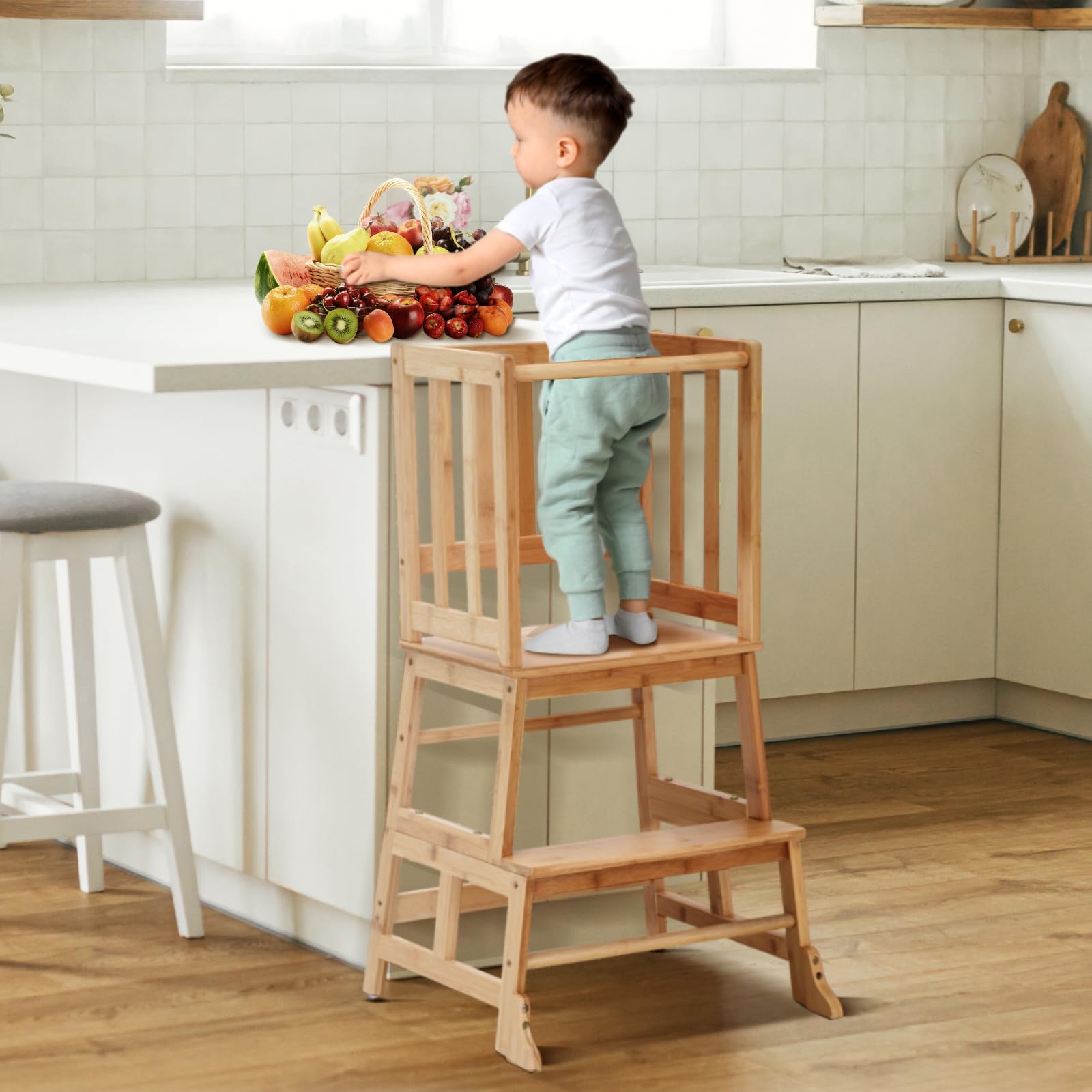 COSYLAND Natural Bamboo Toddler Step Stool - Anti-Slip Kids Kitchen Helper Tower for Learning & Cooking | Safe Standing Stool for Toddlers in Kitchen, Bathroom & Playroom
