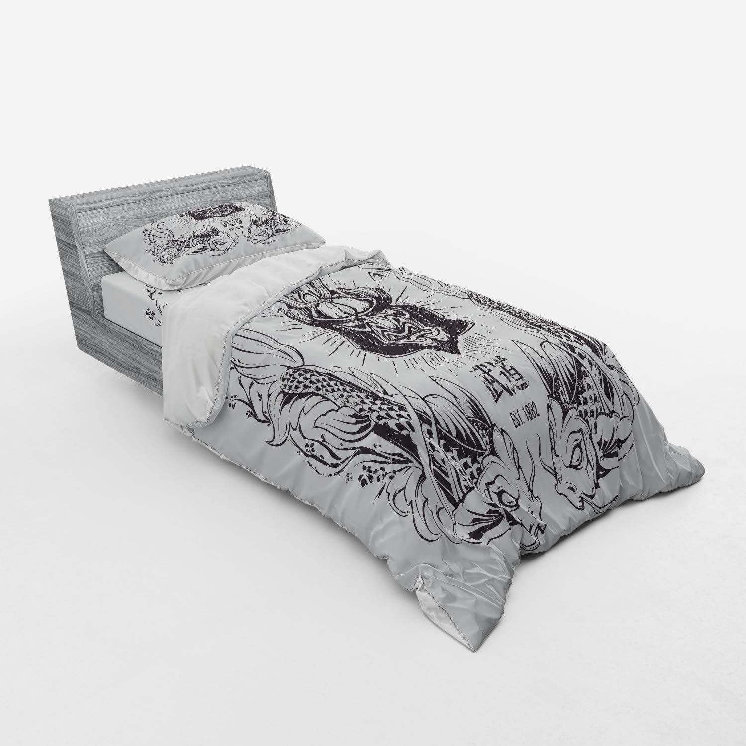 Ambesonne Japanese Samurai Koi Fish Duvet Cover Set - 3 Piece Twin Size Bedding with Sham & Fitted Sheet - Traditional Asian Martial Arts Design in Coconut Grey - Perfect for Zen Bedrooms, Anime Themed Rooms & Japanese Culture Enthusiasts