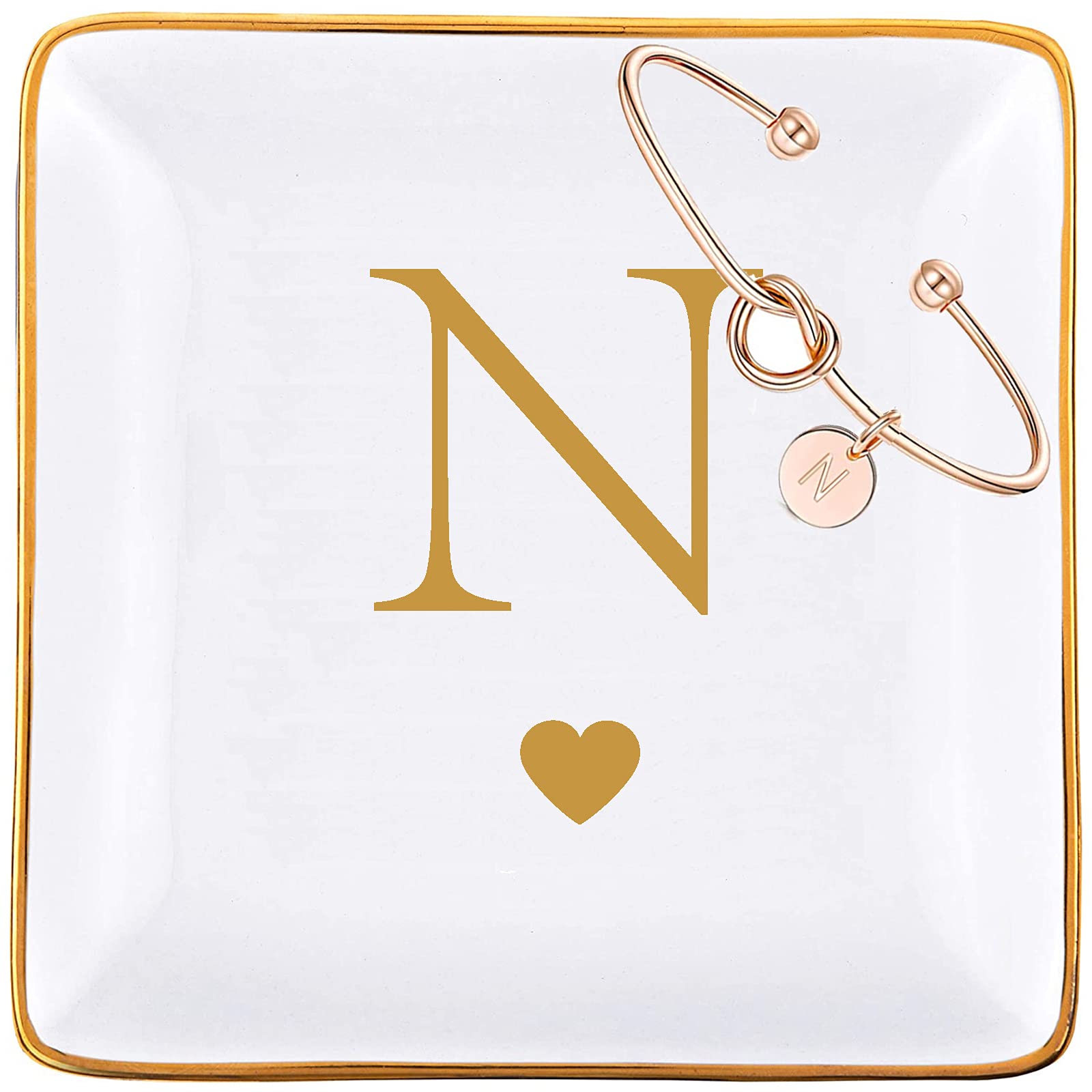 Personalized Ceramic Jewelry Tray & Rose Gold Initial Bracelet Gift Set for Women - Engraved Ring Dish, Key Bowl Holder with Gold Monogram - Perfect Birthday, Bridesmaid, Mother's Day Gift for Her, Mom, Grandma, Daughter, Sister, Friend (Letter N) - Ideal for Jewelry Organization, Home Decor & Thoughtful Gifting
