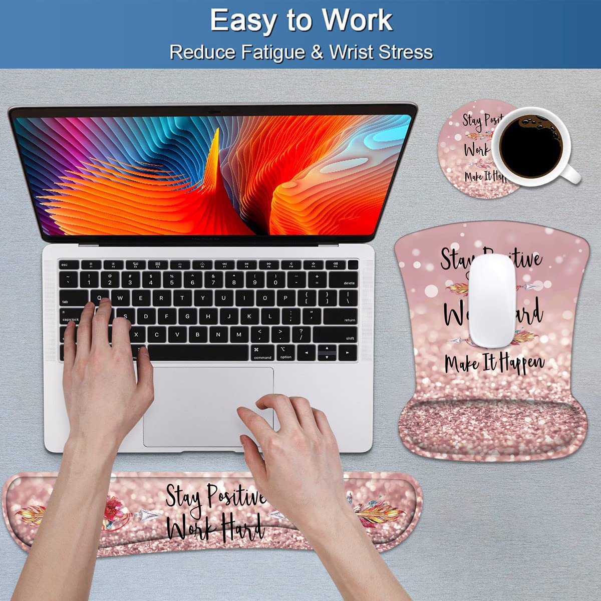 Ergonomic Keyboard Wrist Rest & Mouse Pad Set with Non-Slip PU Base - Comfortable Support for Computer, Laptop, Home & Office Use - Motivational Quote 