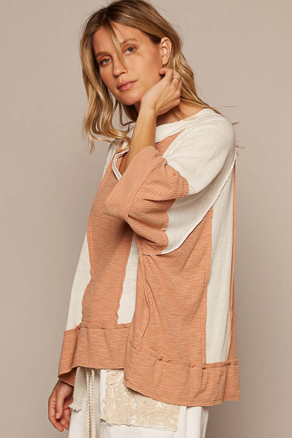Notched Neck Contrast Fabric Basic Long Sleeve T-Shirt - Women's Casual Top in Black & Multi Colors | Perfect for Everyday Wear, Office Outfits & Layering Looks