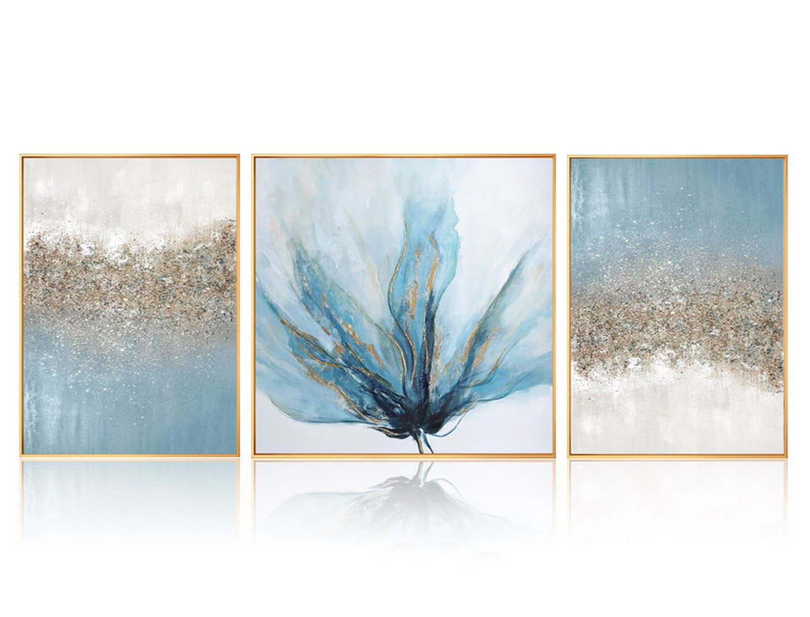 3-Piece Framed Blue Abstract Oil Painting Canvas Wall Art with Gold Foil - Modern Floral Home Decor for Living Room, Bedroom & Office - 20x52 Inches - Perfect for Housewarming Gifts & Interior Design