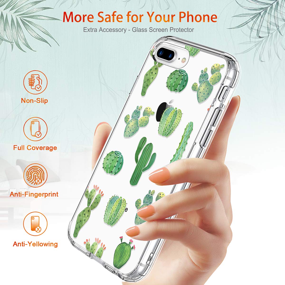 GiiKa Clear Heavy Duty Protective Case for iPhone 8 Plus/7 Plus with Screen Protector | Floral TPU Bumper Cover | Green Cactus Design | Perfect for Women & Girls - Everyday Protection & Stylish Look