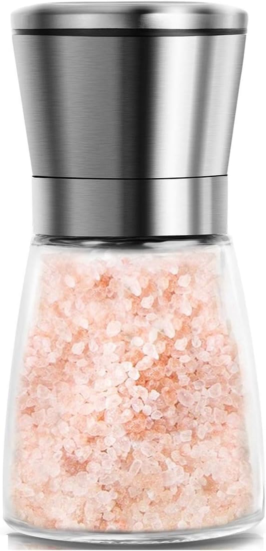 Premium Stainless Steel Sea Salt and Pepper Grinder Set - Manual Adjustable Ceramic Mill for Kitchen - Tall Glass Spice Grinder with Coarseness Control - Easy to Use & Refill - Perfect for Cooking, Baking & Table Seasoning (Small, 1-Pack)