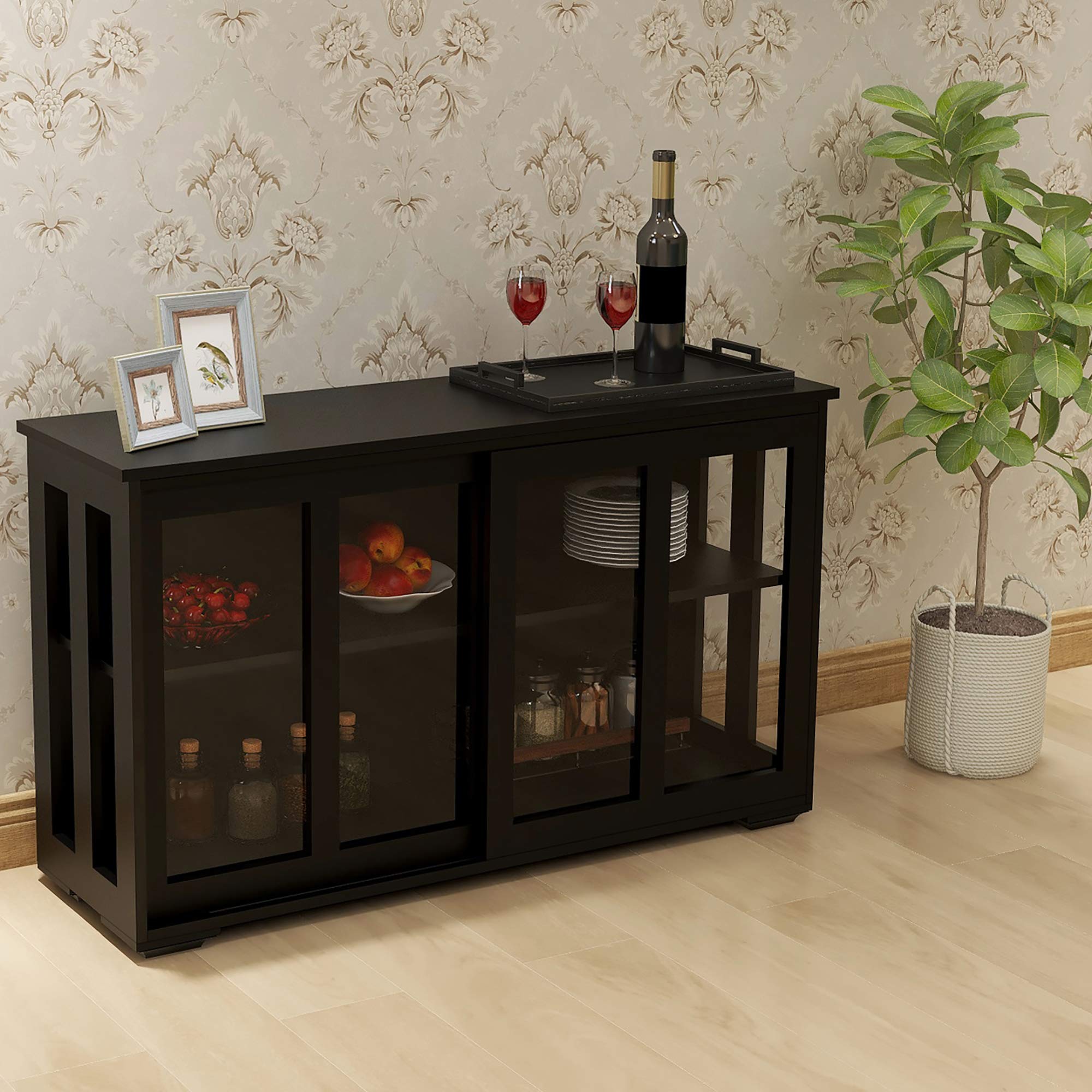 Modern Buffet Cabinet with Glass & Sliding Doors - Adjustable Shelf Wooden Kitchen Storage Cupboard - Black Kitchen Cabinet for Dining Room & Home Decor