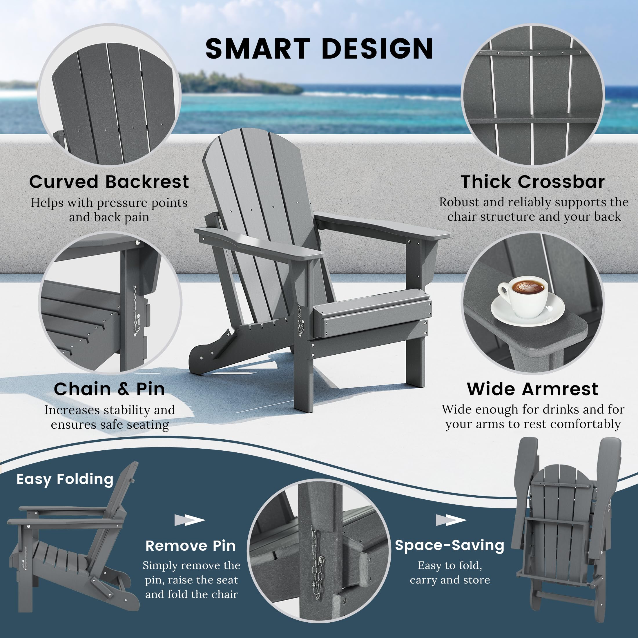 2-Pack HDPE Adirondack Chairs - Outdoor Folding Lounge Chairs for Patio, Poolside, Backyard & Beach - Weather-Resistant UV-Protected Gray Furniture Set - Perfect for Relaxing by Fire Pit, Garden Lounging & Balcony Seating