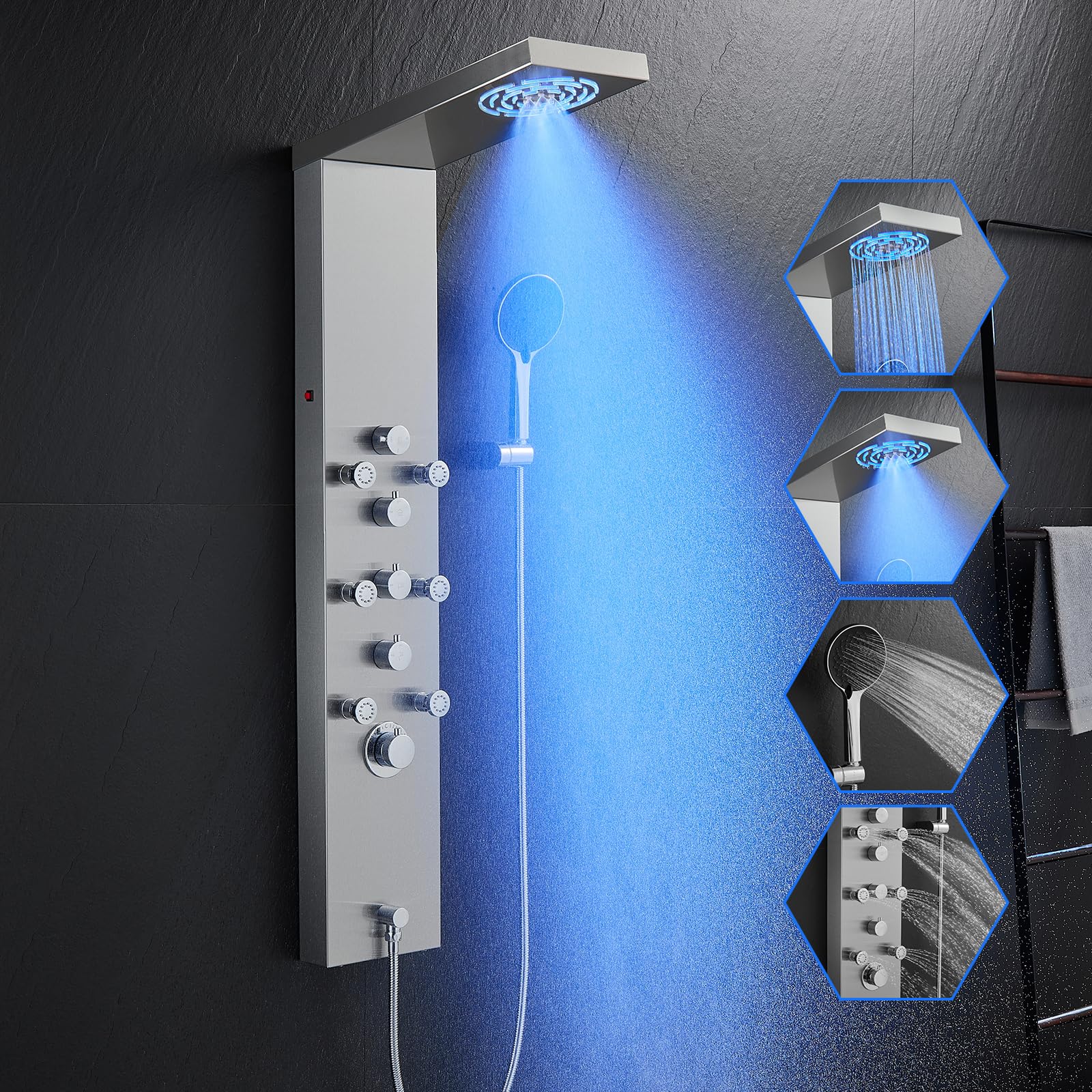 MENATT 4-in-1 LED Shower Panel Tower System with Rainfall Shower Head, Body Massage Jets, Handheld Shower & Tub Spout - Brushed Stainless Steel for Spa-Like Bathroom Experience