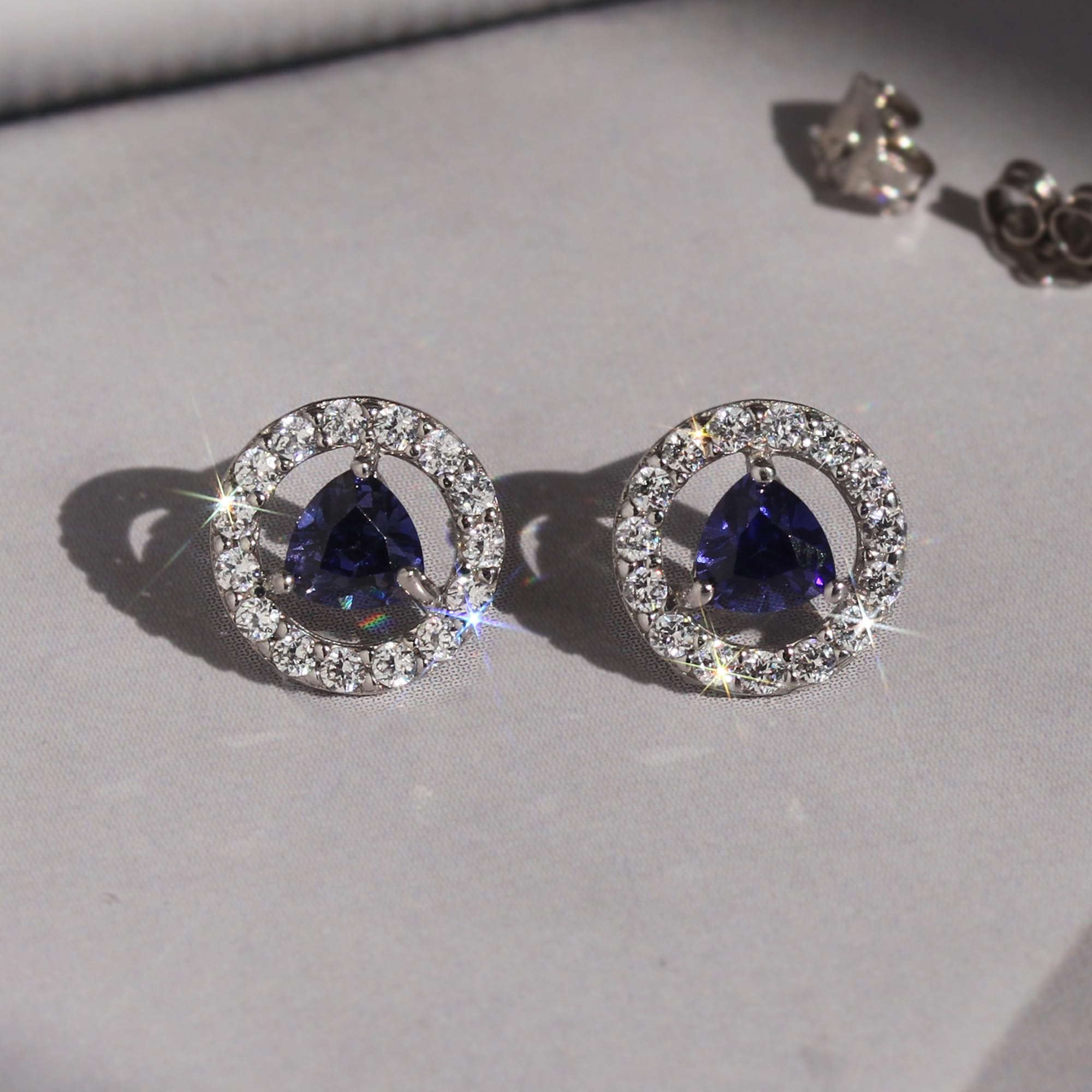14K White Gold Triangle Cut Blue Violet Cubic Zirconia Stud Earrings for Women - Elegant Dainty Jewelry Gift for Birthday, Anniversary & Special Occasions