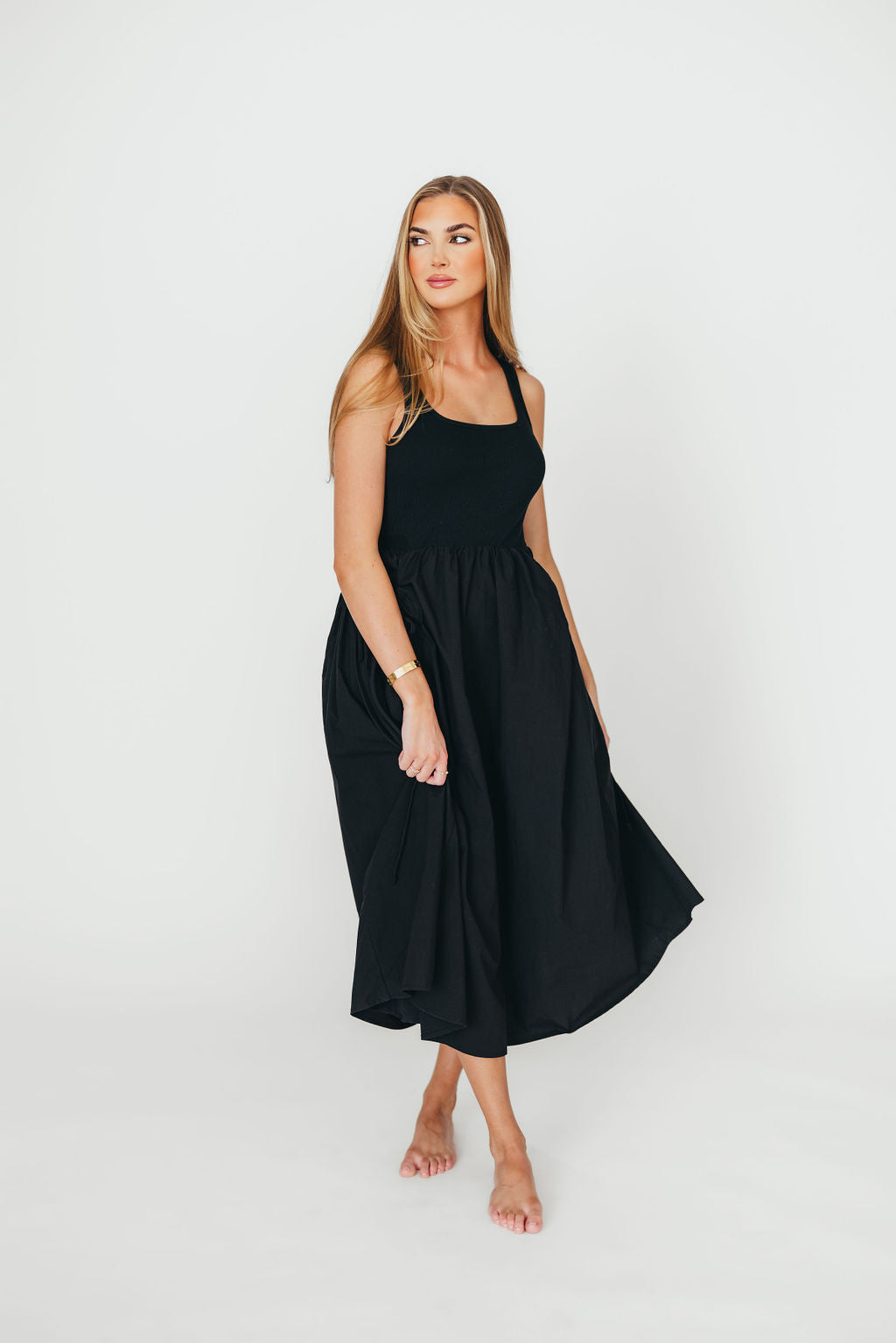 Lucca Midi Dress for Women - Elegant Black Knee-Length Dress with Flowy Silhouette | Perfect for Office Wear, Date Night & Special Occasions