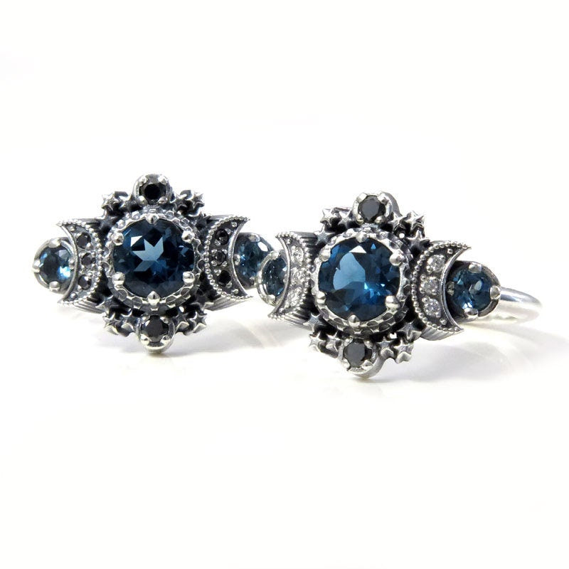 London Blue Topaz Cosmos Moon Engagement Ring Set - Triple Moon Goddess Silver Ring with Stardust Chevron Wedding Band - Perfect for Boho Wedding, Handfasting Ceremony & Celestial Jewelry Lovers
