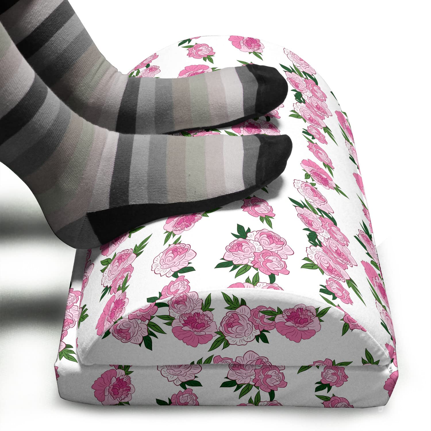 Ambesonne Floral Foot Rest with Non-Slip Backing - Adjustable Ergonomic Memory Foam Leg Support for Office & Home - Pink Peonies Leaves Design on Olive Green Backdrop - Perfect for Work, Reading & Relaxation