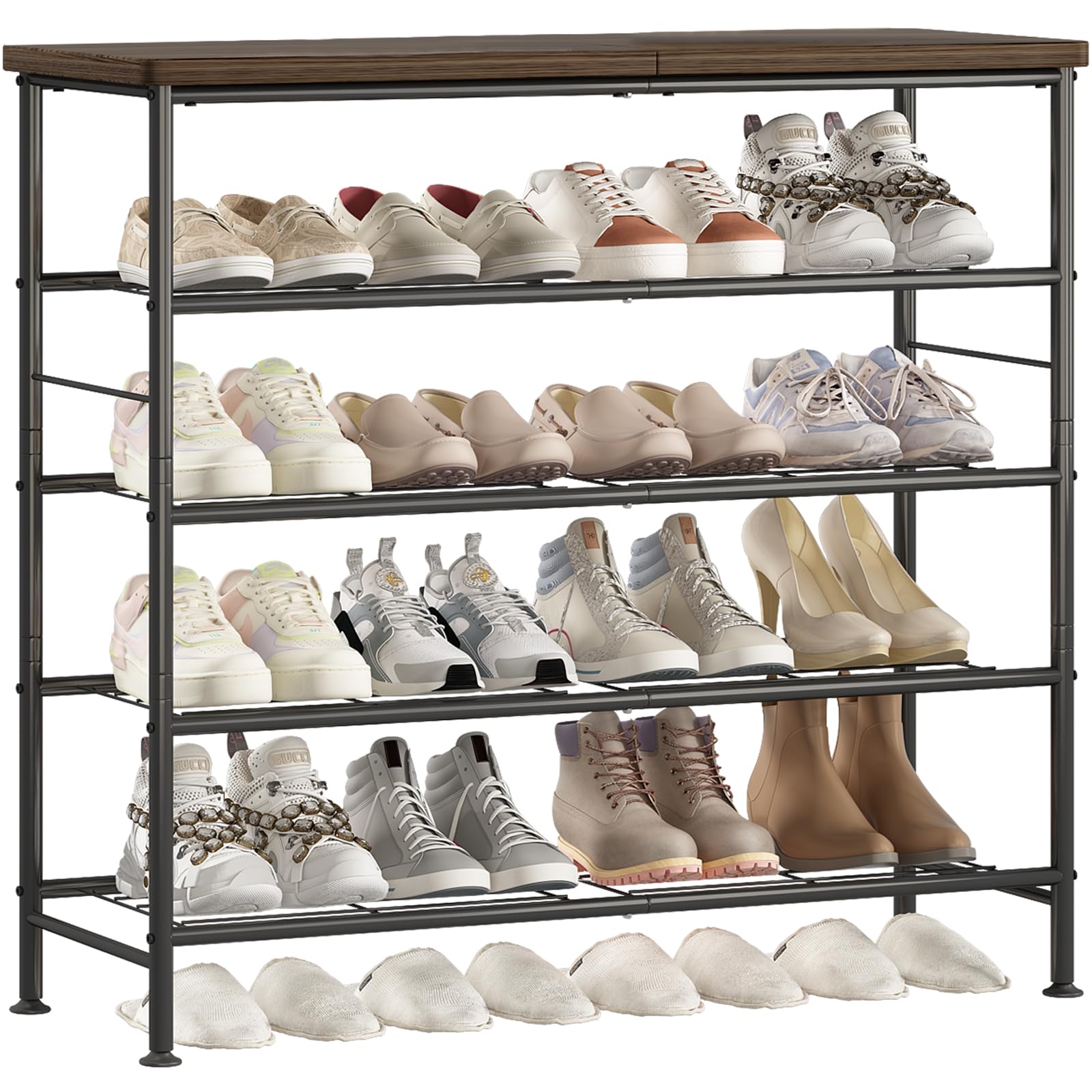 5-Tier Metal Shoe Rack Organizer with MDF Top - Free Standing Closet & Entryway Storage Shelf (Black/Rustic Brown) | Space-Saving Shoe Storage for Home, Office & Mudroom Organization
