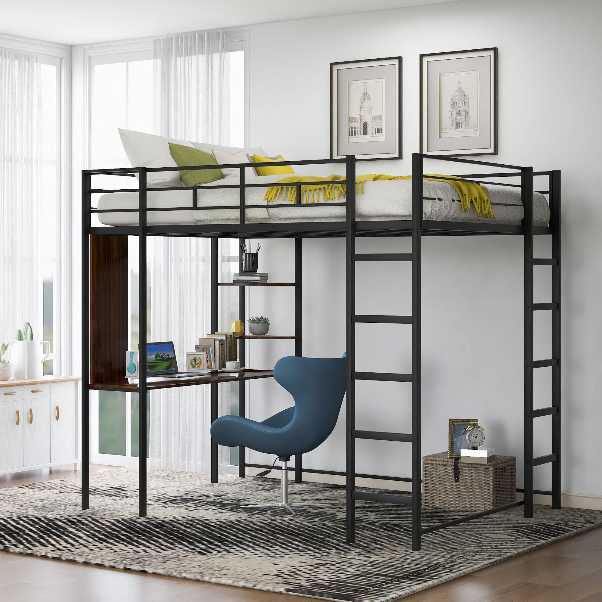 LZ LEISURE ZONE Full Size Loft Bed with Desk - Sturdy Metal Frame, 2 Storage Shelves, Black Bedroom Furniture for Small Spaces | Perfect for Dorms, Apartments & Kids Rooms