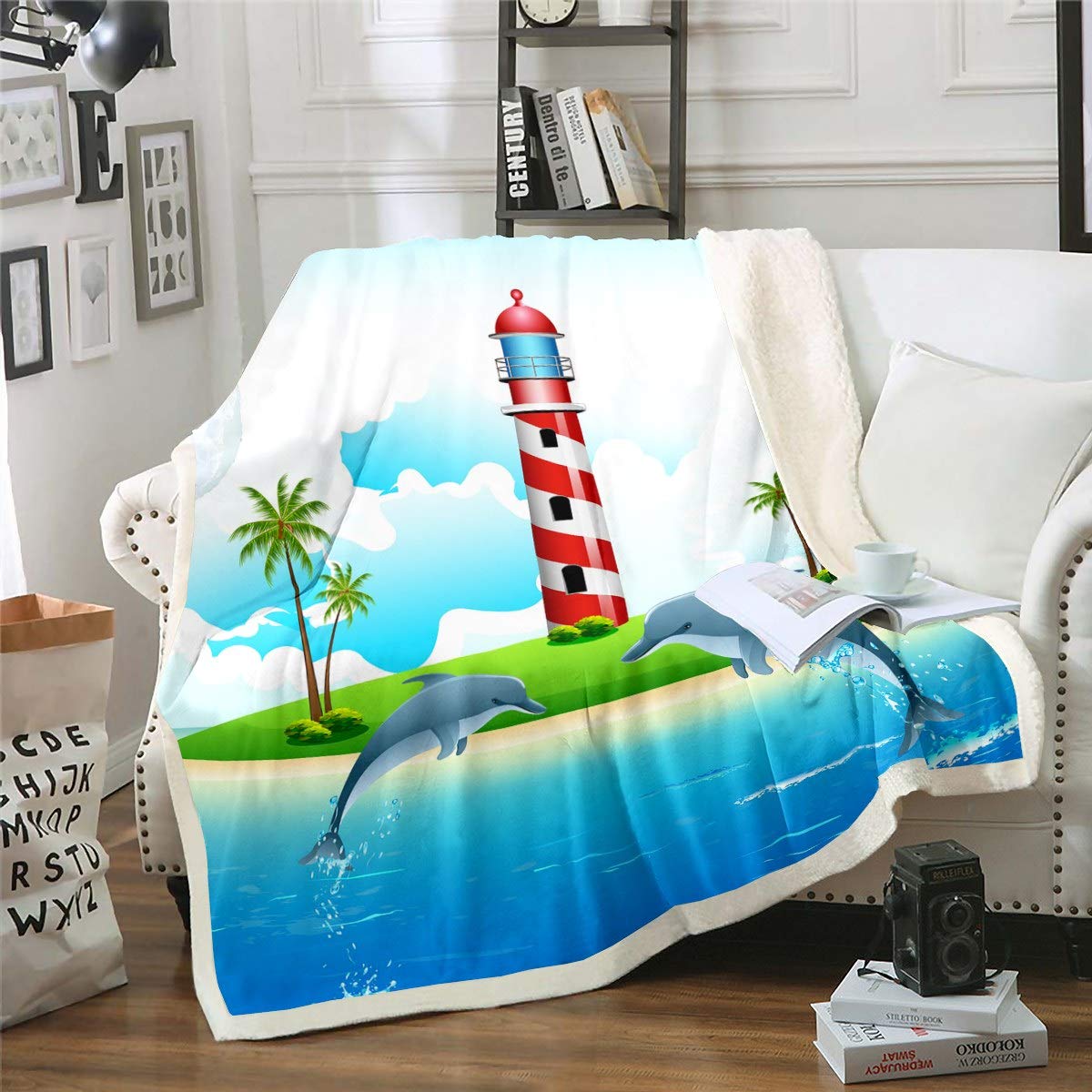 Soft Cartoon Dolphin Print Fleece Throw Blanket for Kids & Adults - Ocean Marine Life Sherpa Plush Blanket (90x90 Inch) for Bed, Sofa & Couch - Perfect for Nursery Decor, Beach Themed Bedroom & Cozy Movie Nights