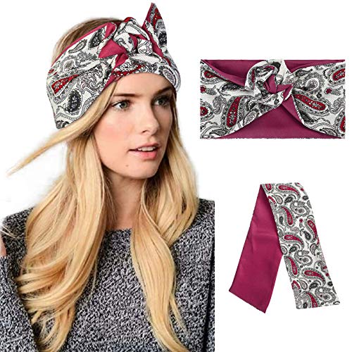 HAIMEIKANG Women's Turban Headbands - Floral Printed Boho Headwrap with Silk Wire for Women, Wine Red - Perfect for Yoga, Beach, and Casual Outfits