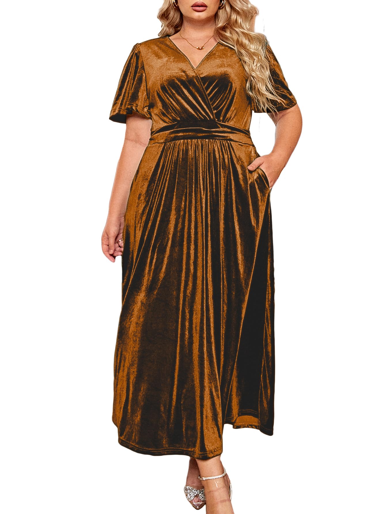 BerryGo Women's Plus Size Velvet Formal Dress - Elegant Maternity Maxi Dress with V-Neck & High Waist for Wedding Guest, Party & Special Occasions