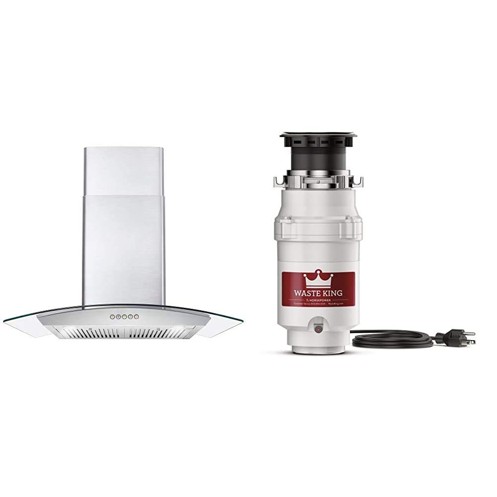 Cosmo 668A750 30-inch Wall-Mount Range Hood 380 CFM - Convertible Ducted/Ductless Kitchen Vent with Glass Chimney & Waste King L-111 1/3 HP Garbage Disposal with Power Cord - Perfect for Modern Kitchens, Restaurant-Style Cooking, and Efficient Waste Management
