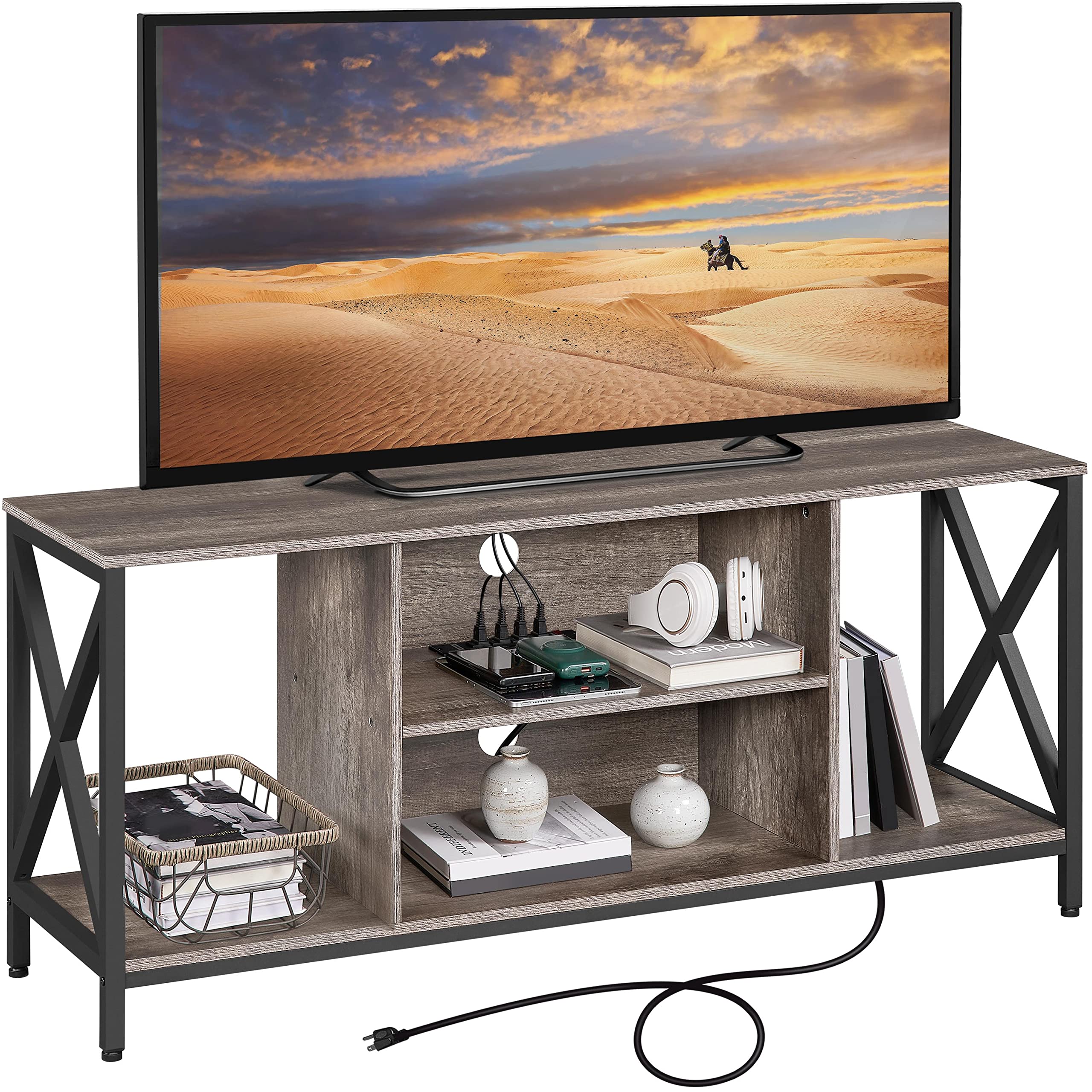 Yaheetech 65 Inch TV Stand with Power Outlet & Side Shelves - Industrial Style Media Console for Living Room, Entertainment Center with Storage Space for PS5, Gaming Accessories & Home Decor - Taupe Wood Finish for Modern & Rustic Interiors