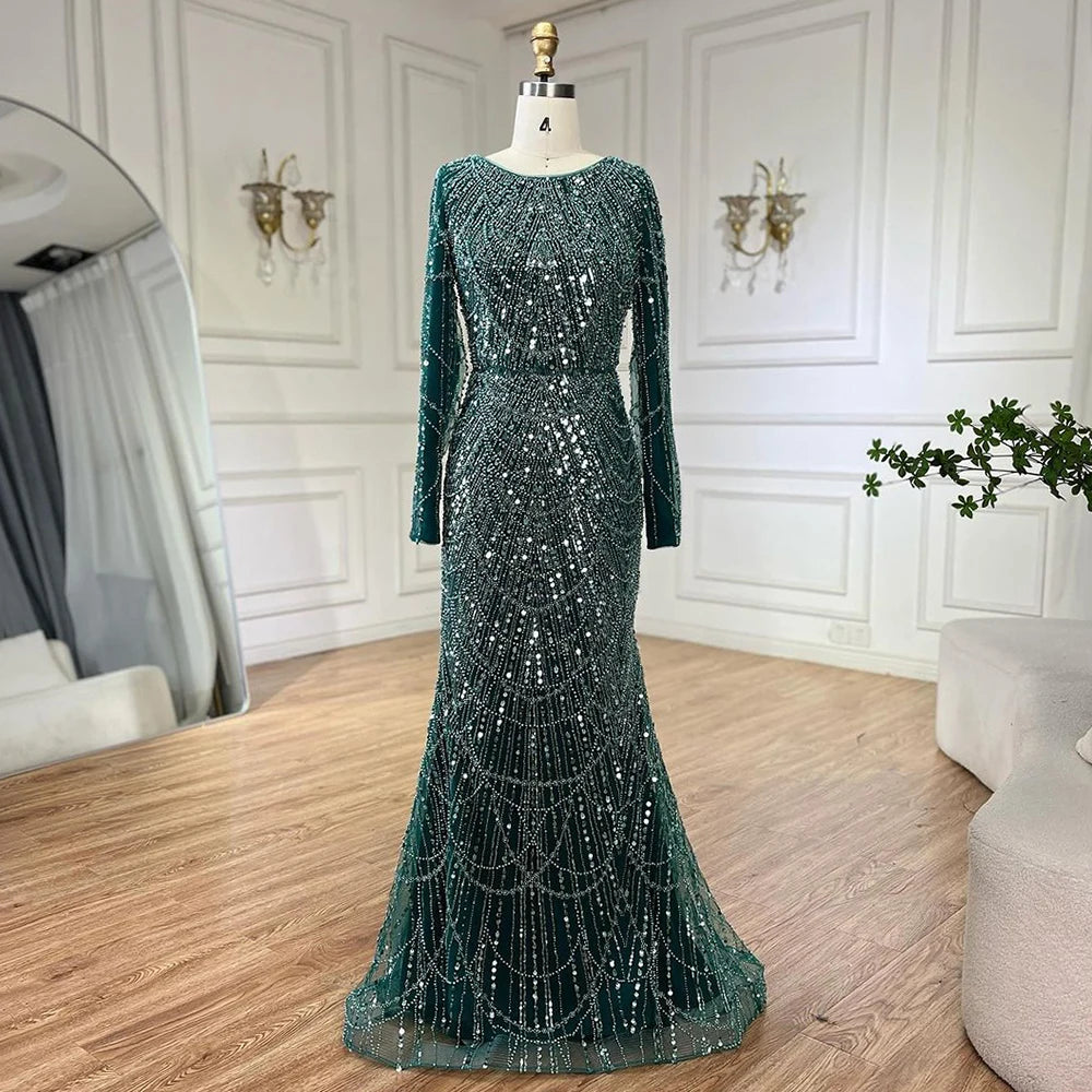 Luxury Green Beaded Mermaid Evening Dress for Muslim Women - Dubai Wedding Party Gown with Overskirt - Serene Hill LA72032D | Perfect for Formal Events, Bridal Showers & Special Occasions