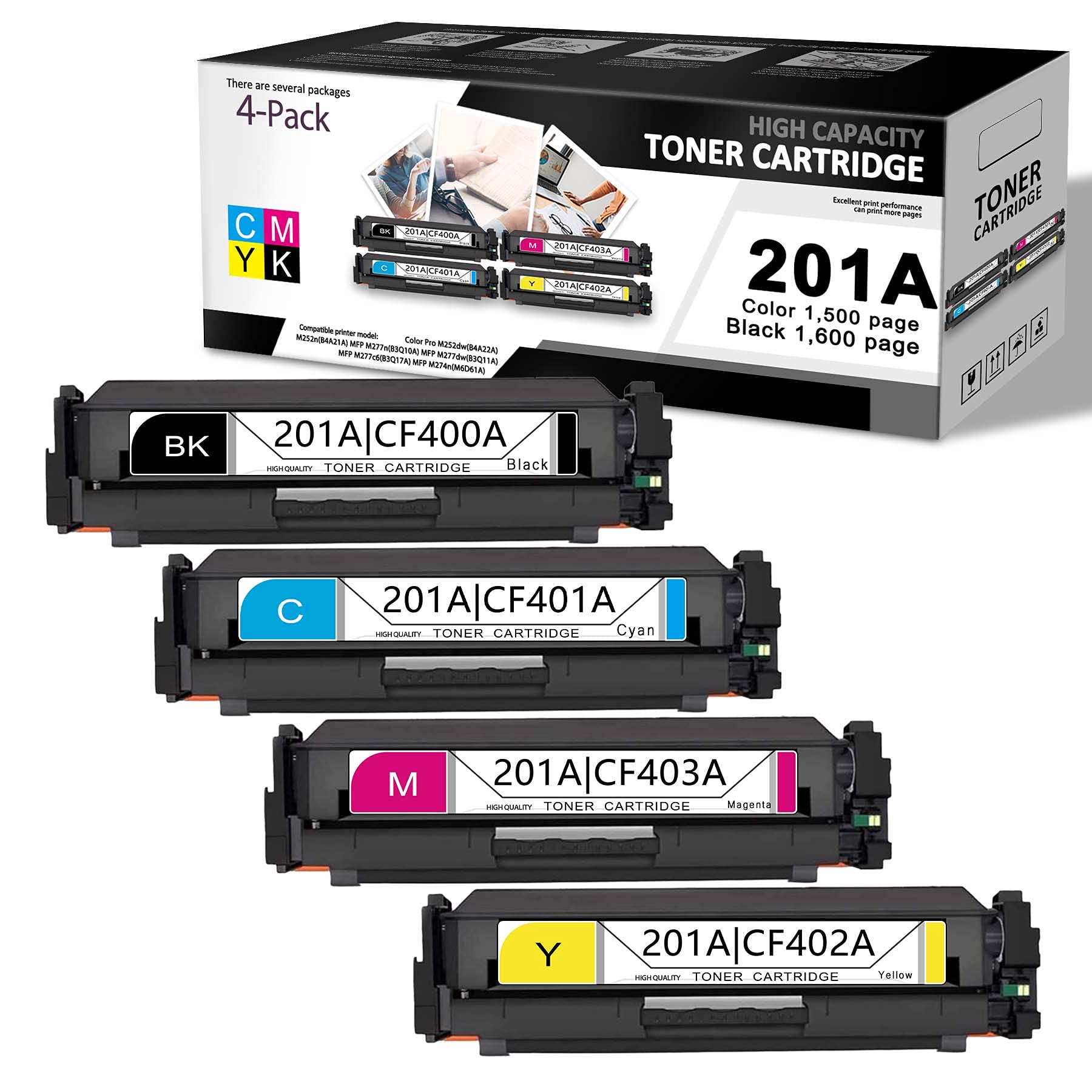 4-Pack (1BK+1C+1M+1Y) High-Yield Toner Cartridge Replacement for HP Color Pro M252dw/M252n/M277 Series Printers | Compatible with CF400A/CF401A/CF402A/CF403A | Perfect for Home Office & Small Business Printing Needs
