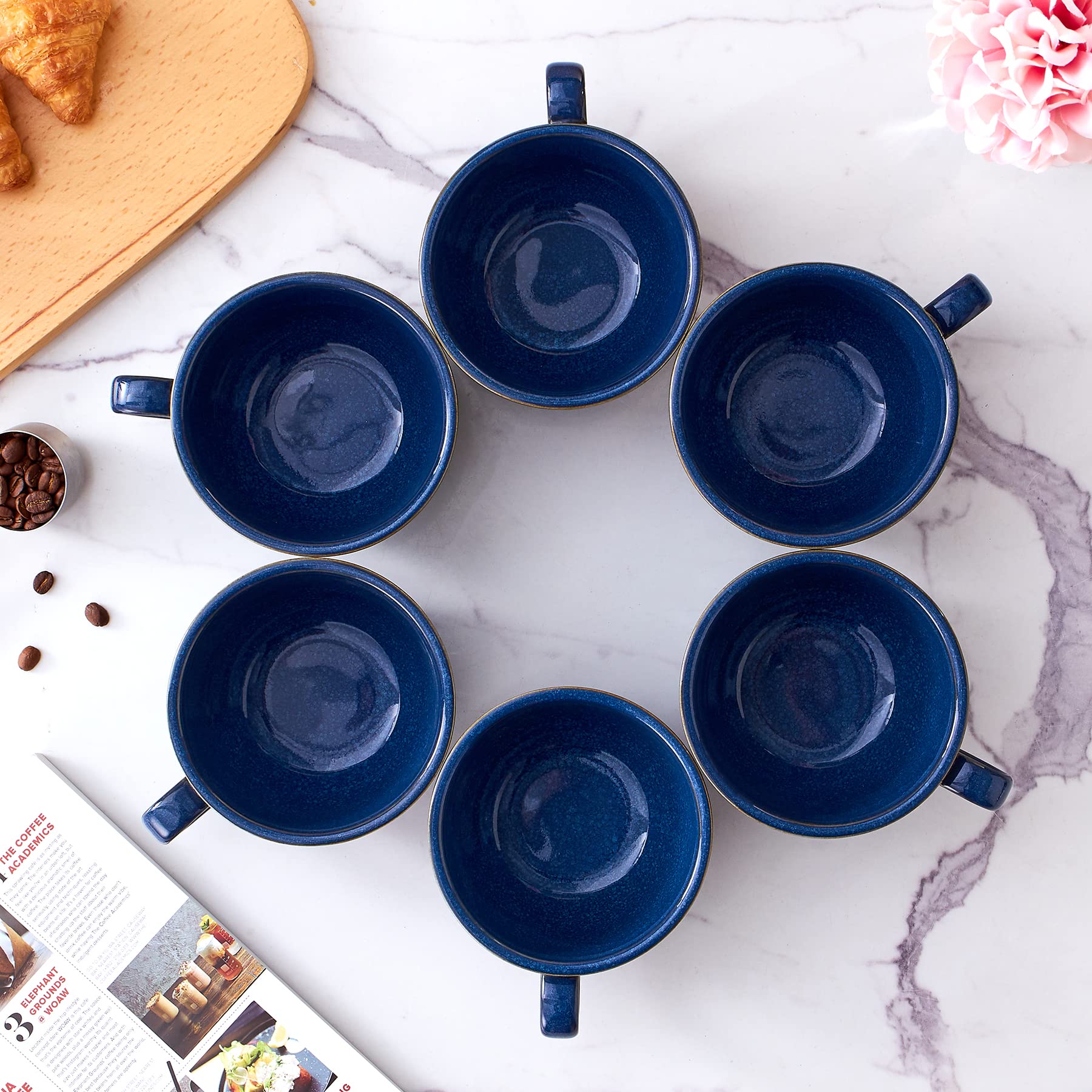 6-Pack Vintage Embossed Blue Ceramic Coffee Cups - 12 oz Professional Barista Latte Art Cappuccino Mugs Set for Home, Cafe & Restaurant Use