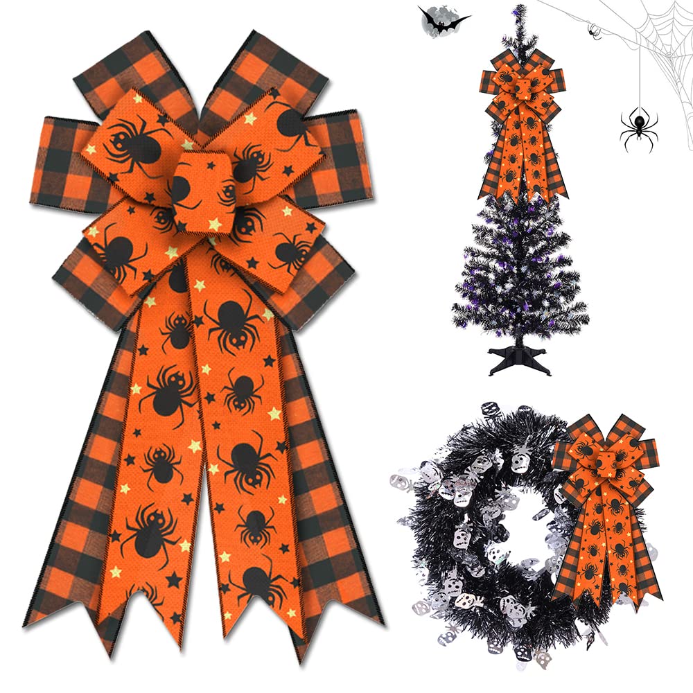 Large Halloween Bows for Wreaths - Black Buffalo Plaid & Orange Burlap Spider Wreath Bows | Holiday Tree Topper & Front Door Decor for Halloween Party | Perfect for DIY Wreaths, Gift Wrapping & Seasonal Home Decor