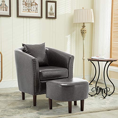 Modern Accent Chair - Faux Leather Upholstered Arm Barrel Club Chair with Ottoman Footrest for Living Room, Bedroom, or Office (Grey) | Captain Ninja Stylish Seating for Relaxation & Home Decor