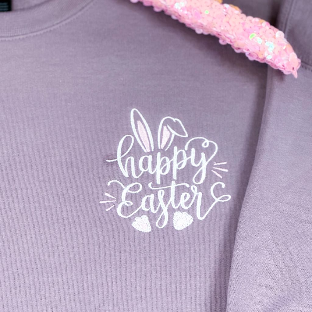Happy Easter Embroidered Sweatshirt - Cute Bunny Design Cotton Pullover for Women & Men - Perfect for Easter Celebrations, Spring Outfits & Family Photos