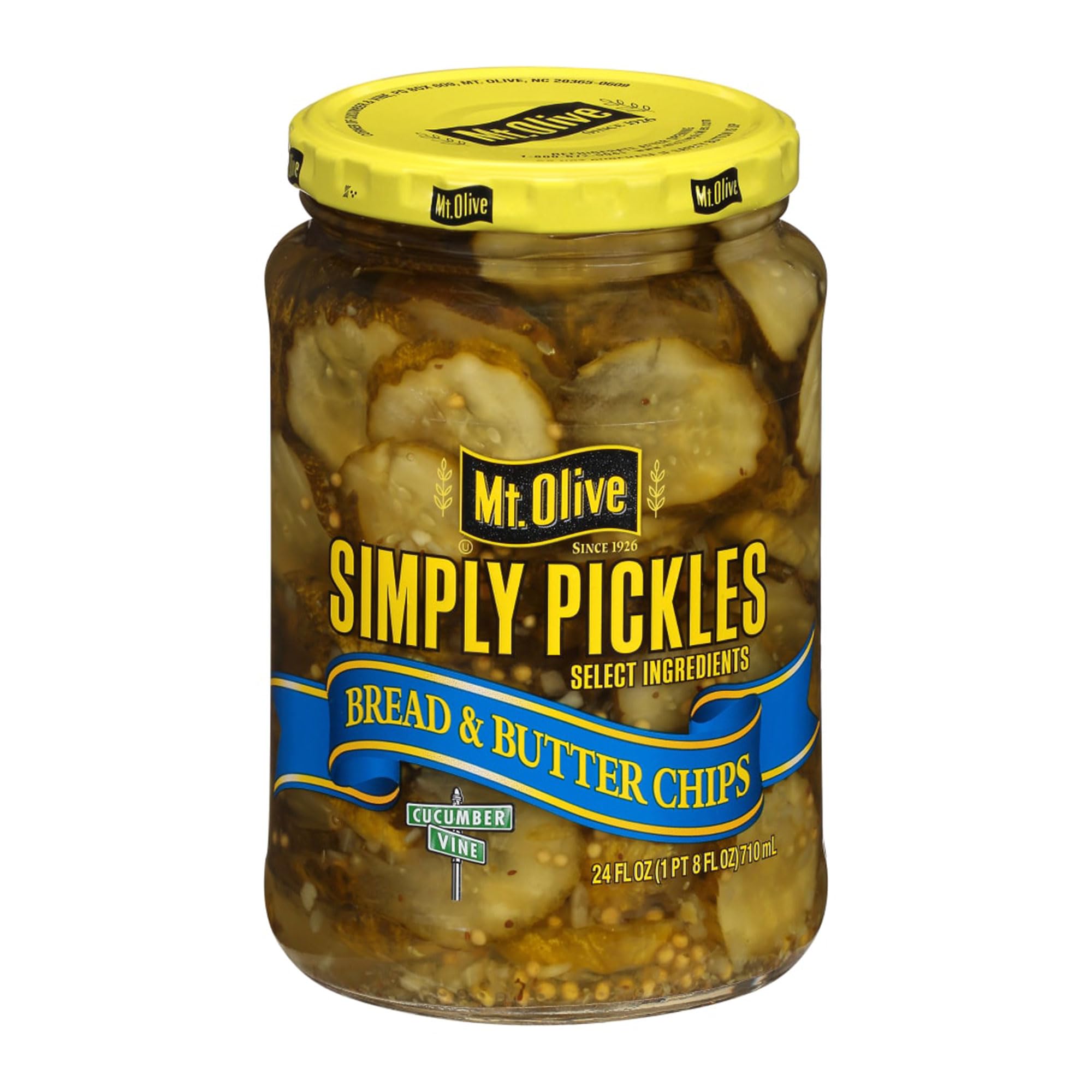 MT Olive Simply Pickles Bread & Butter Chips 24 oz - Sweet & Tangy Pickle Slices for Sandwiches, Burgers & Snacking - Perfect for BBQs, Picnics & Charcuterie Boards