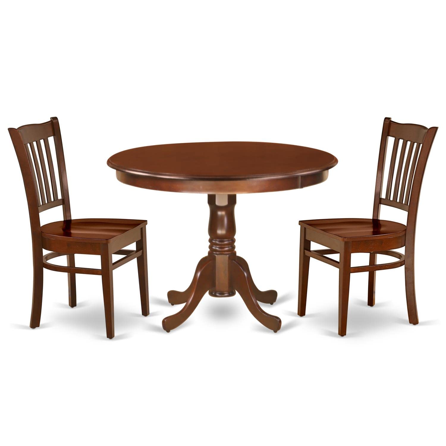 East West Furniture HLGR3-MAH-W 3-Piece Modern Dining Room Set - 42 Inch Round Pedestal Table with 2 Matching Chairs, Mahogany Wood - Perfect for Small Spaces, Breakfast Nooks & Cozy Kitchens