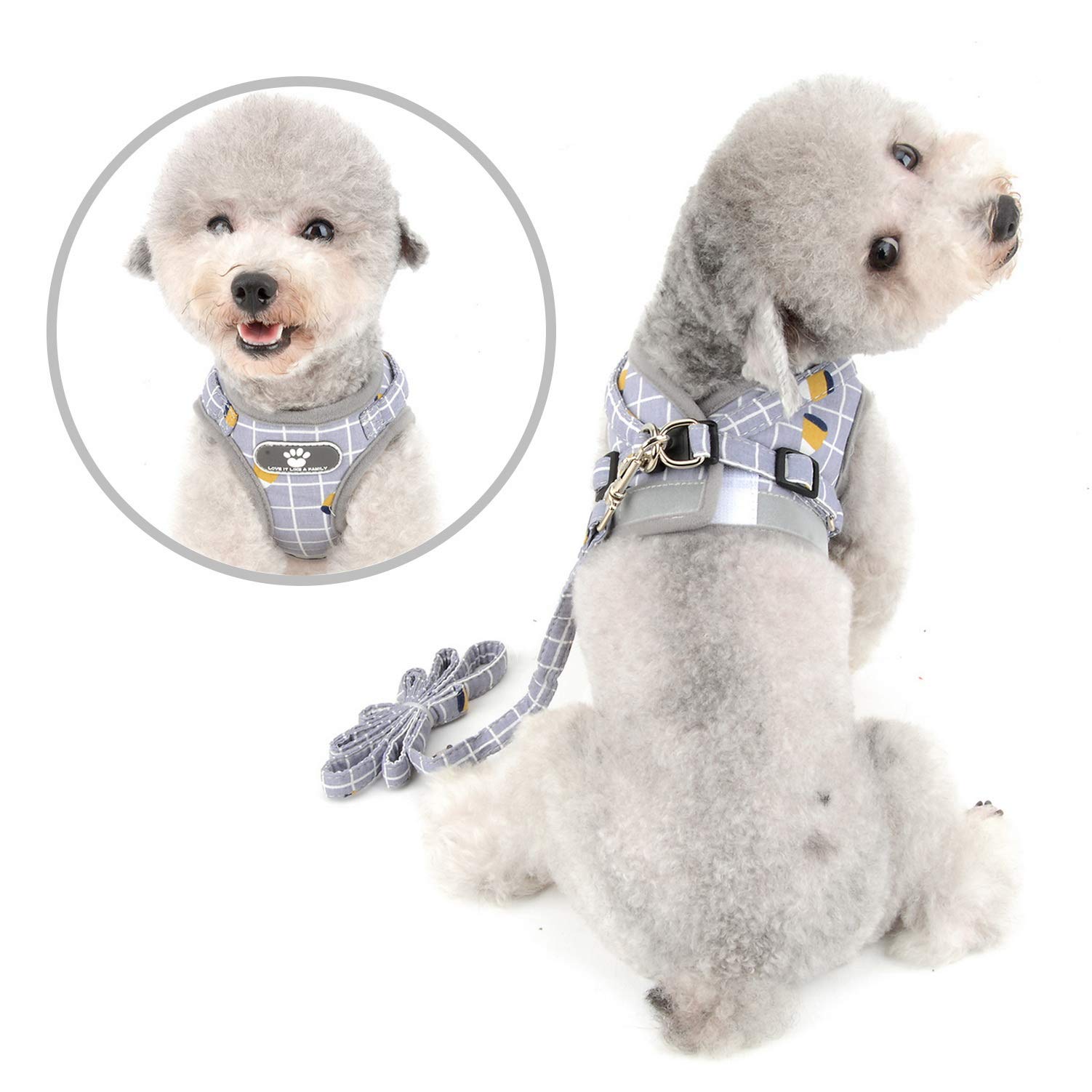 SELMAI Reflective Mesh Plaid Dog Harness for Small Dogs & Cats - No Pull Padded Vest Harness with Leash Set, Escape Proof Step-in Design for Puppy Training, Walking & Outdoor Play (Gray, XS) - Perfect for Daily Walks, Park Adventures & Pet Training Sessions