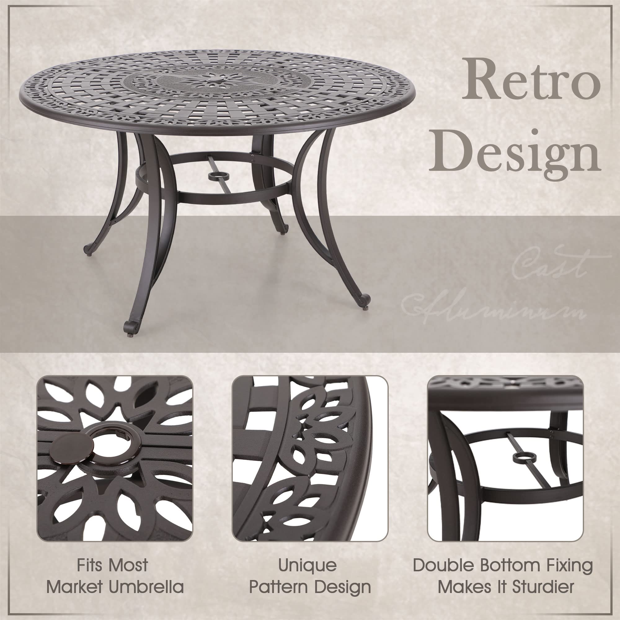 MFSTUDIO 7-Piece Cast Aluminum Patio Dining Set - 6 Extra Wide Chairs & 54