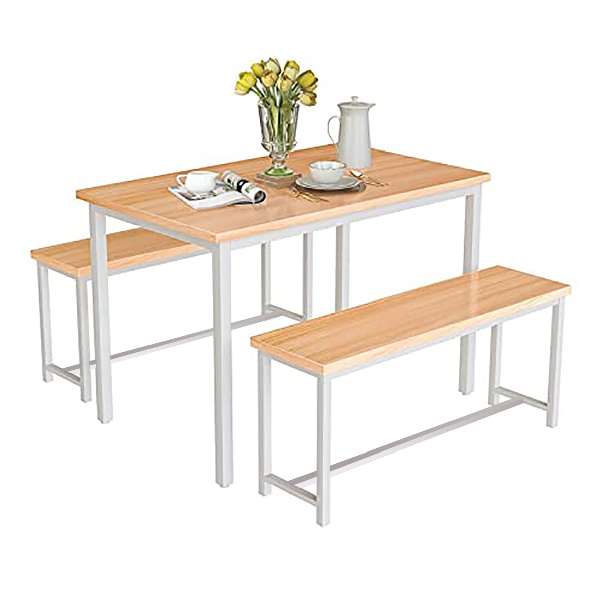 AWQM 3-Piece Dining Table Set with 2 Benches - Metal Frame & MDF Board Kitchen Table for 4 People - Perfect for Home, Breakfast Nook, Farmhouse, or Small Space Dining | Compact Dining Solution for Apartments, Kitchens & Cozy Cafes