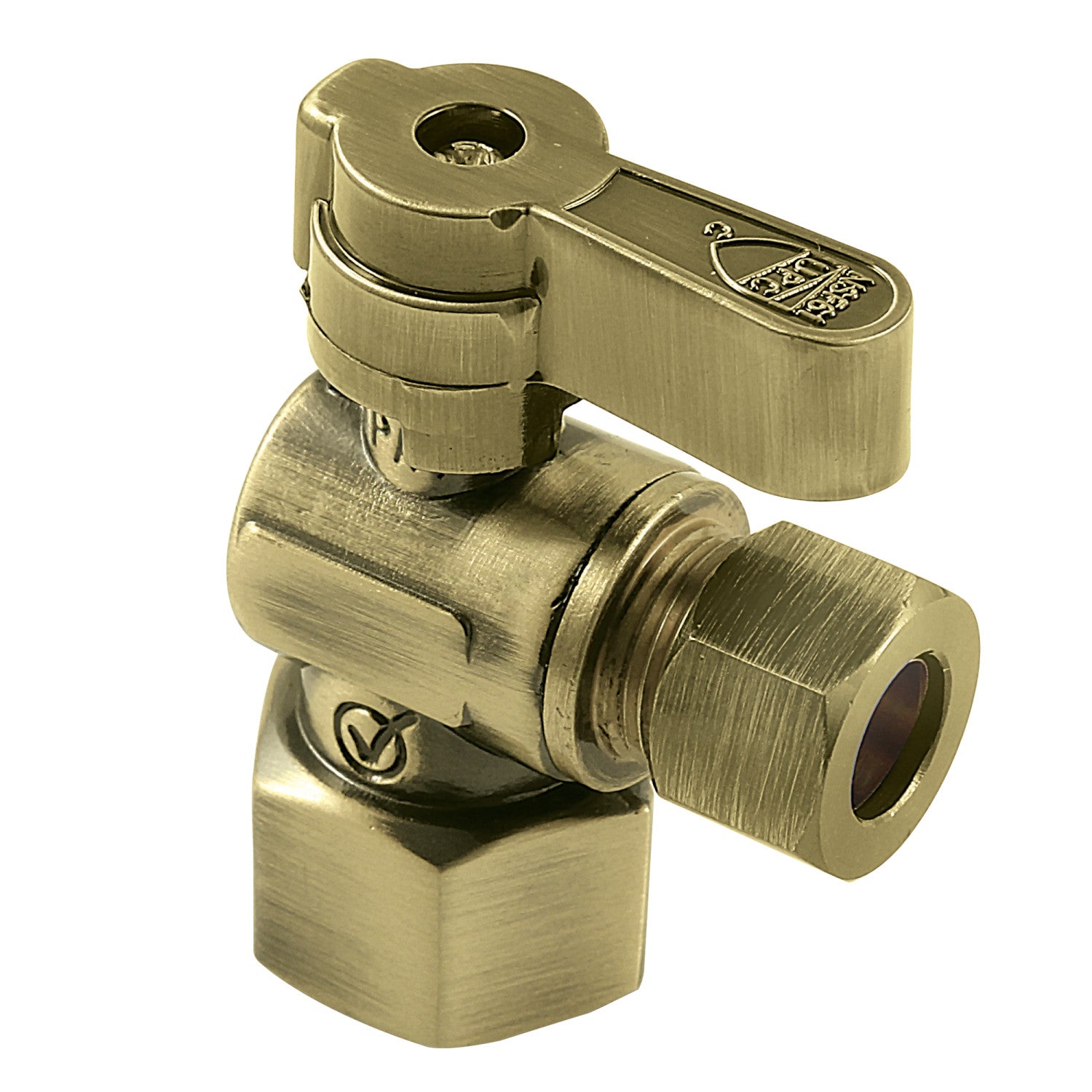 1/2 Inch FIP x 3/8 Inch O.D. Quarter Turn Angle Shut Off Valve - Antique Brass - Baseline KF4310AB - Perfect for Plumbing, Bathroom Fixtures & Appliance Connections