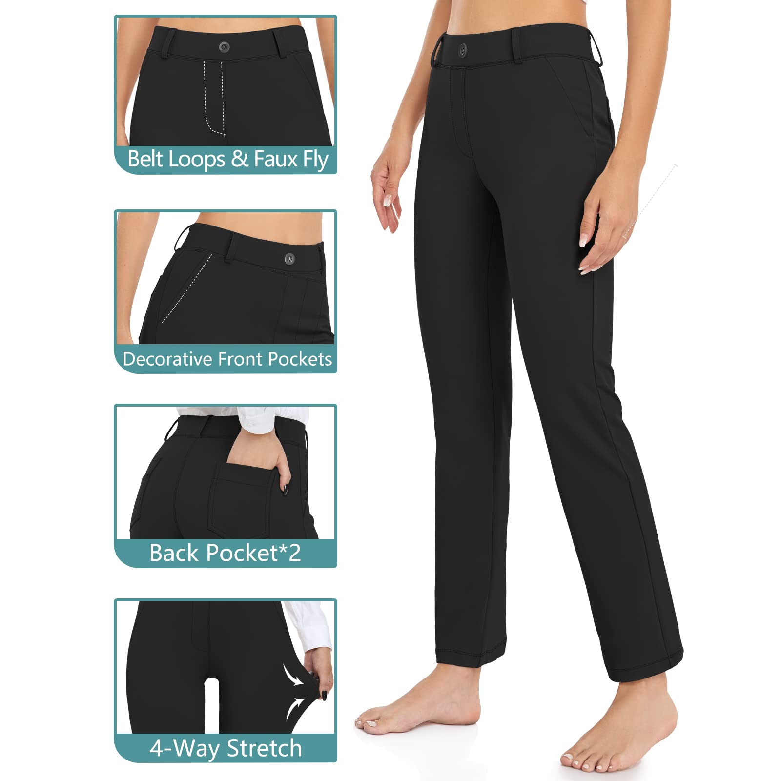 HISKYWIN Women's Stretchy Yoga Dress Pants - Straight Leg & Bootcut Office Slacks with Pockets - Business Casual Work Pants for Petite - Perfect for Yoga, Office Wear & Everyday Comfort